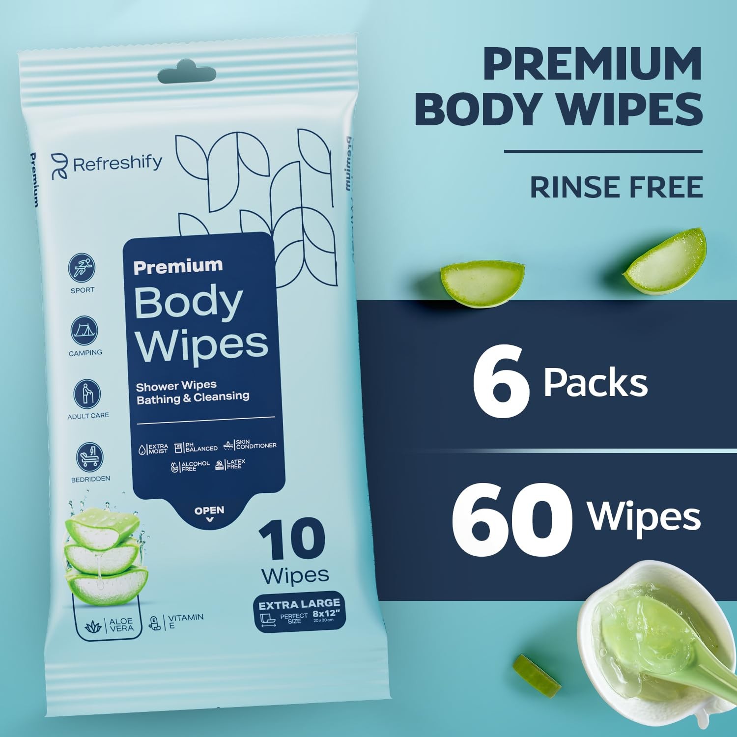 60 XL Shower Wipes – Body Wipes for Adults Bathing No Rinse – 6 Packs of 10 –…