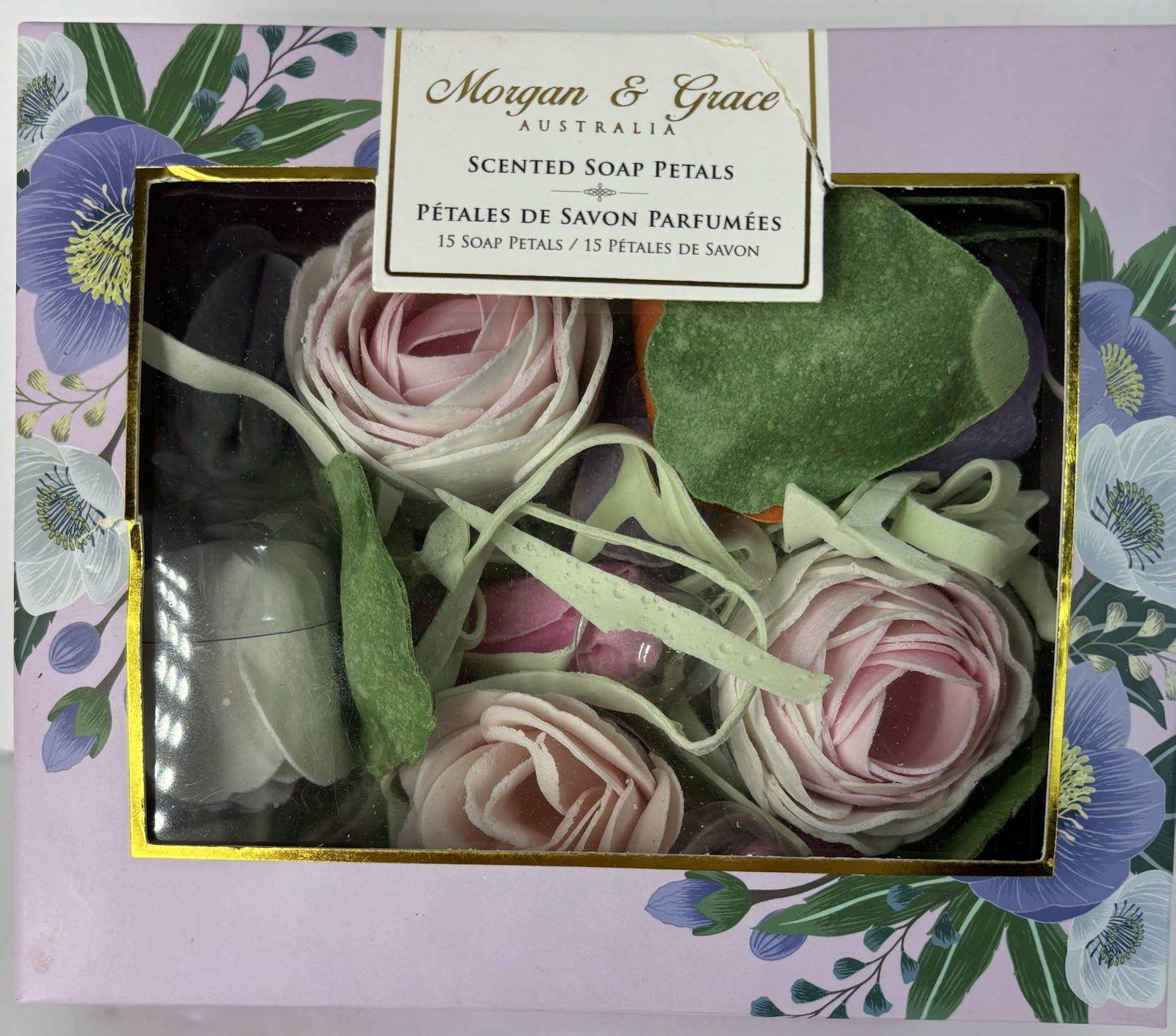 NIB Morgan & Grace Wild Roses Scented Soap Petals Pretty Pink Rose Soap