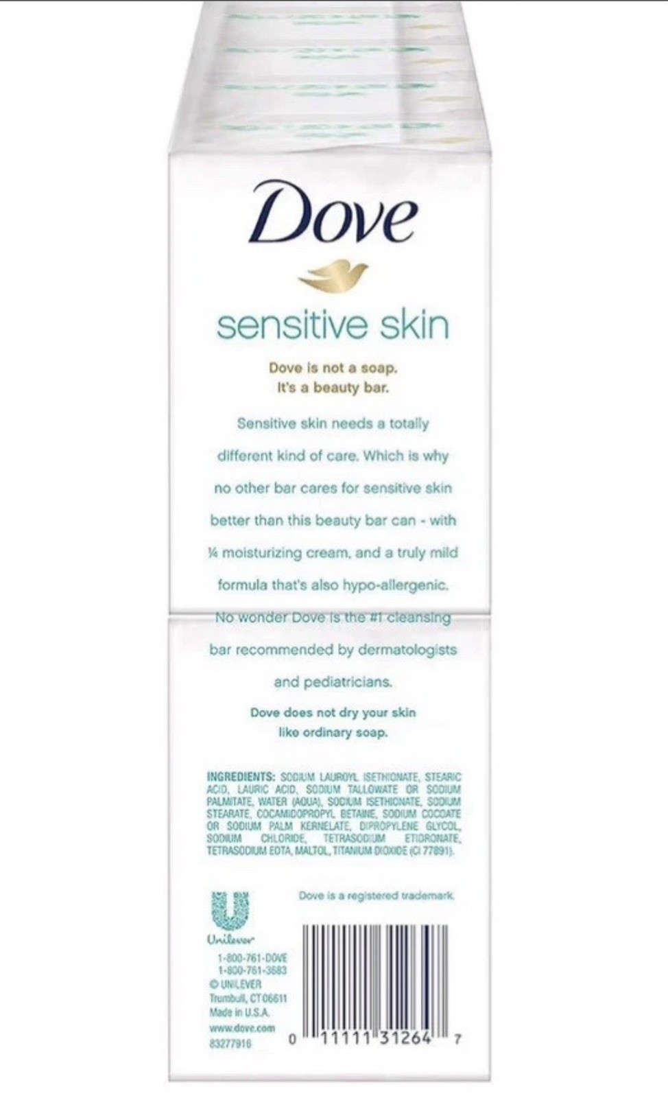 Dove Beauty Bar Sensitive 1/4 Moisturizing Cream Soap 4 oz – 16 Bars
