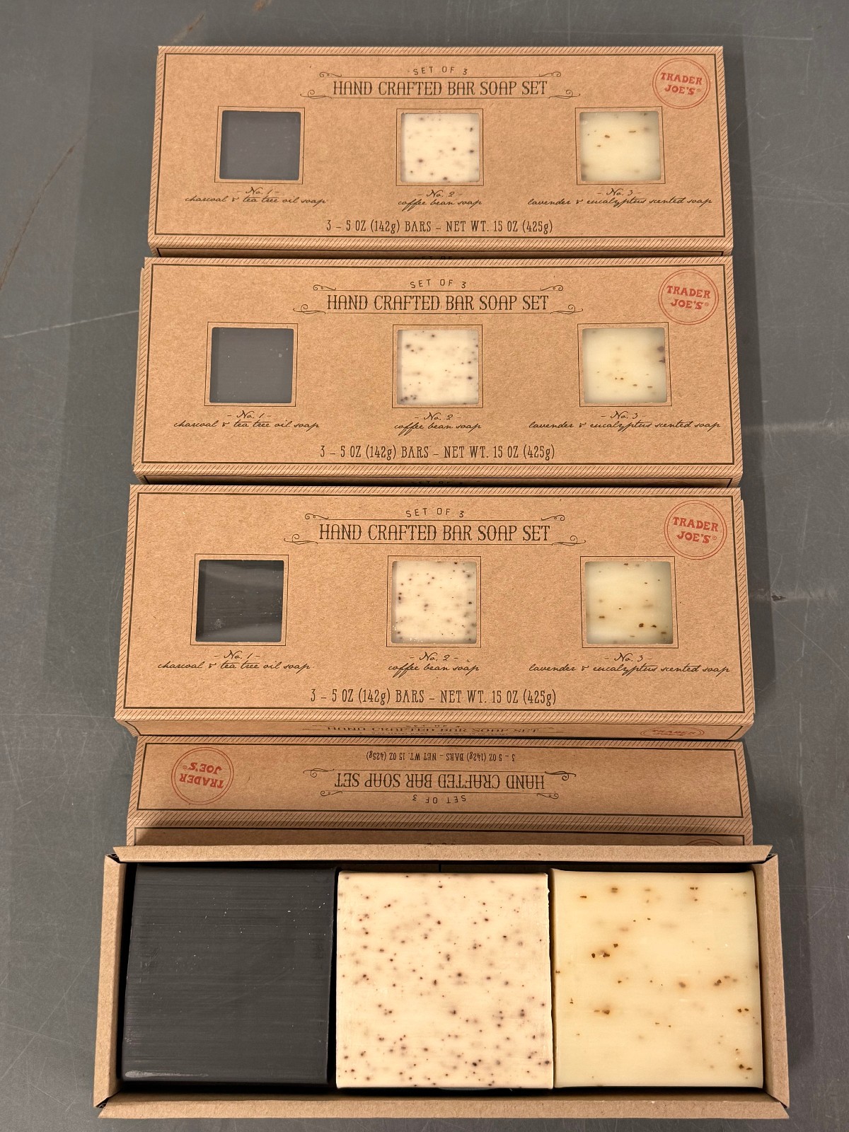 4 SETS Trader Joe’s Hand Crafted Charcoal, Coffee Bean Lavender Bar Soap 069042