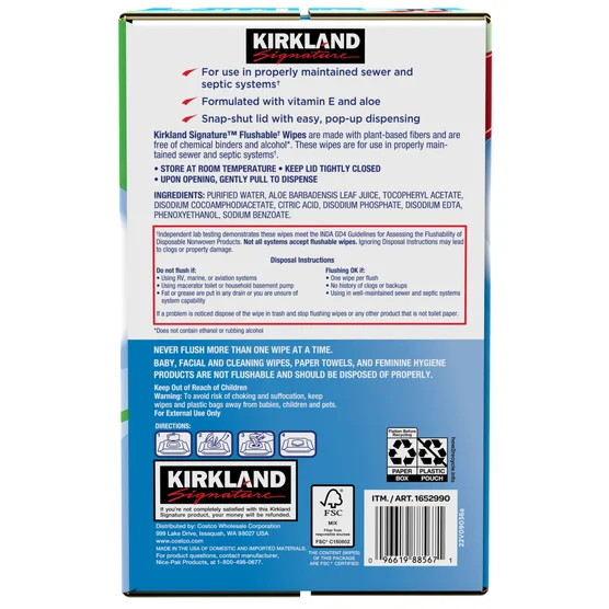 Kirkland Moist Flushable Wipes Unscented, 10 PKS x 64=640 Wipes, Clean Soft Wipe