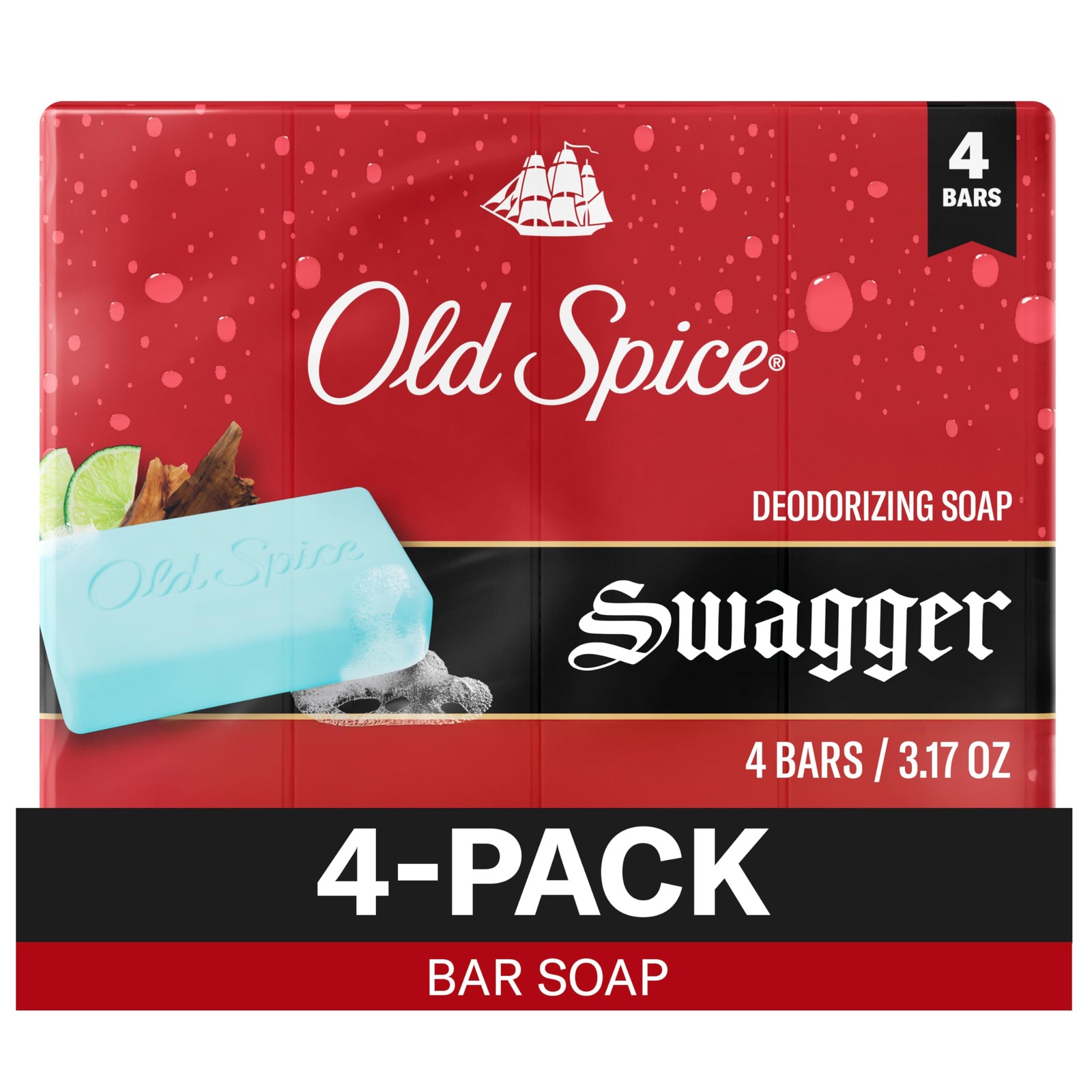 Old Spice Bar Soap for Men, Swagger with Lime + 3.17 Ounce (Pack of 4), Red