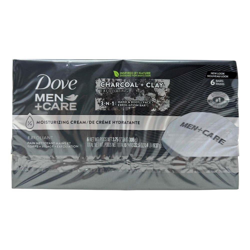 Dove Men+Care 3-In-1 Exfoliating Bar Soap, Charcoal + Clay, 3.75 Oz, 6 Count