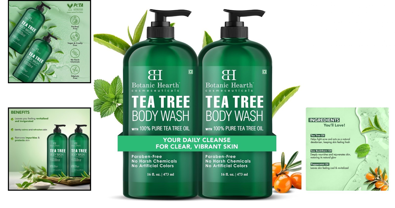 16 fl oz 2 Pack Tea Tree Oil Body Wash Soap for Men/Women Helps Athlete’s Foot,