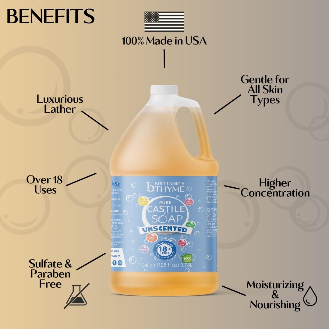 Brittanie’s Pure Organic Castile Liquid Olive Oil Soap Refill, 1 Gallon Unsce…