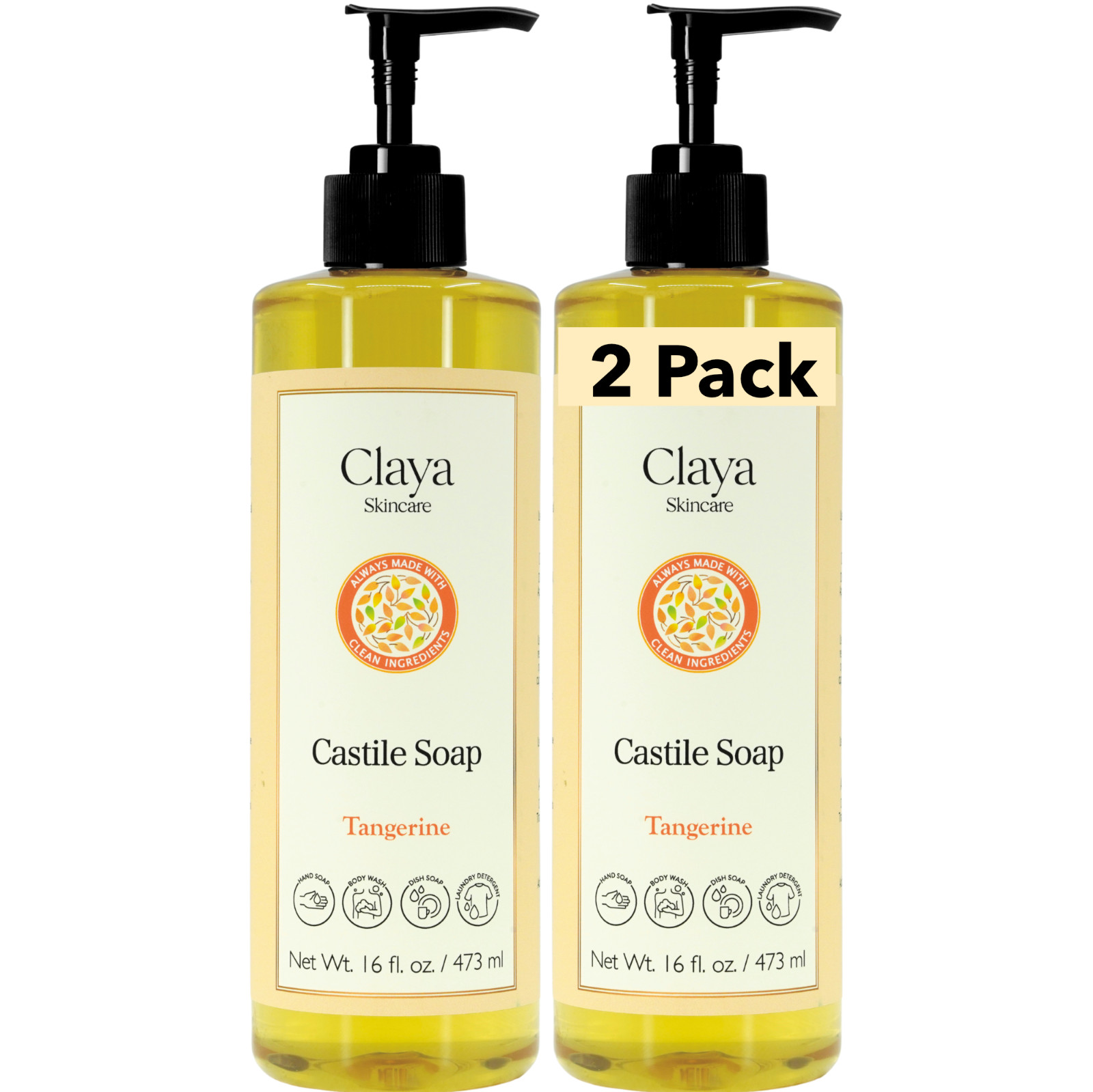 Tangerine Liquid Castile Soap (2 pack ) – Organic Ingredients, Gentle for skin