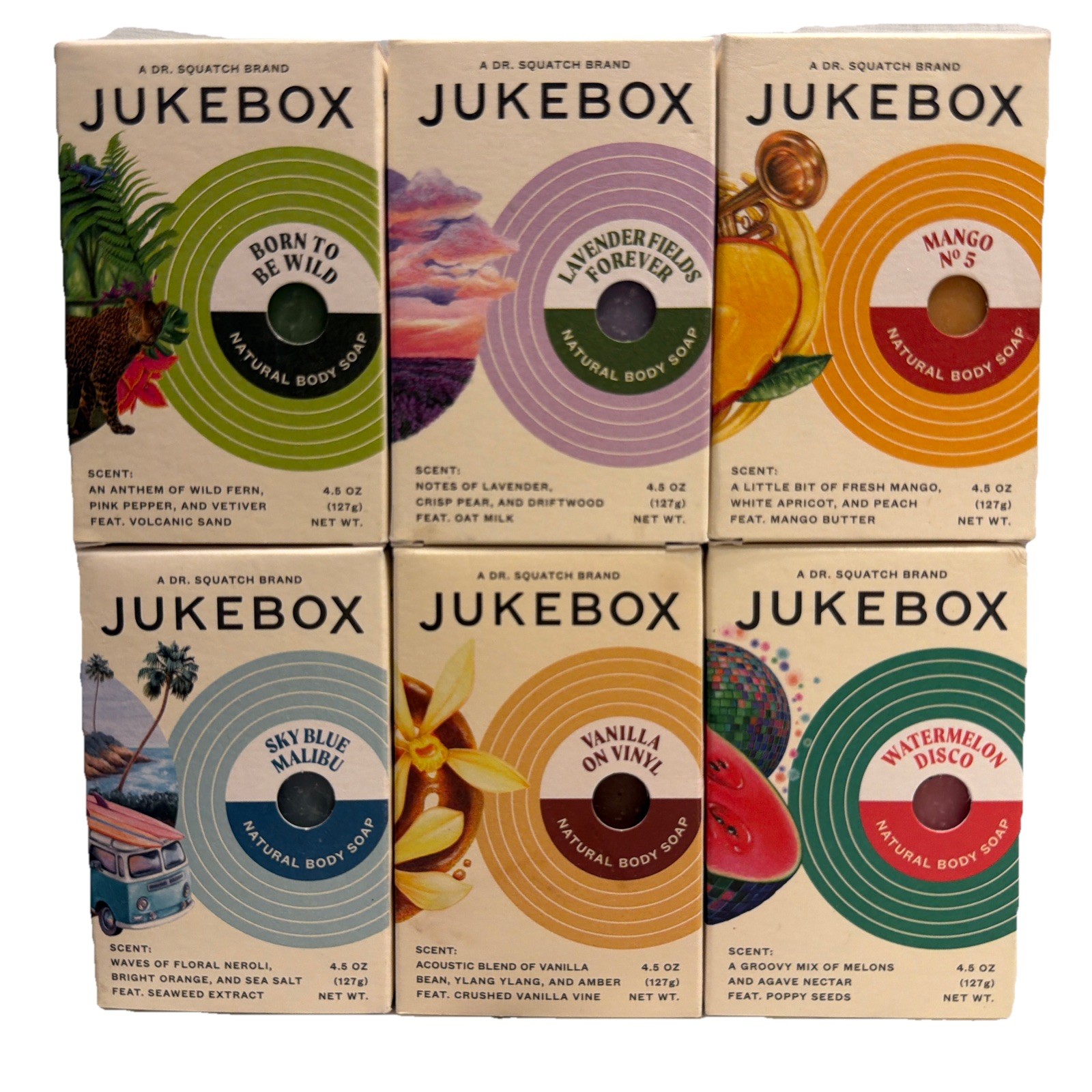 Jukebox by Dr Squatch Natural Body Soap Variety Pack 6 Bars 4.5oz Each