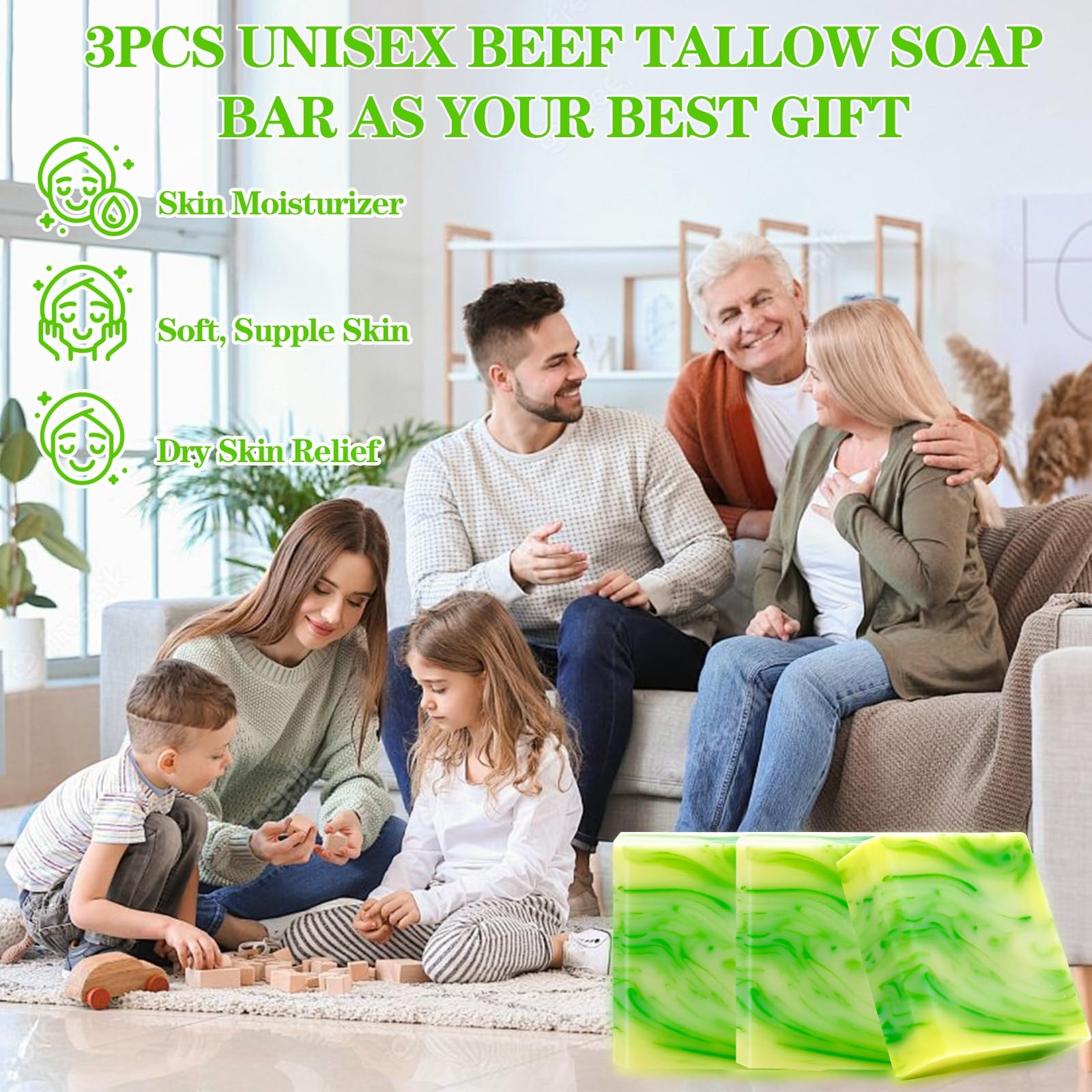 EKIVAO 3Pack Beef Tallow Soap Bar for Skin, All Natural Grass Fed Tallow Soap…