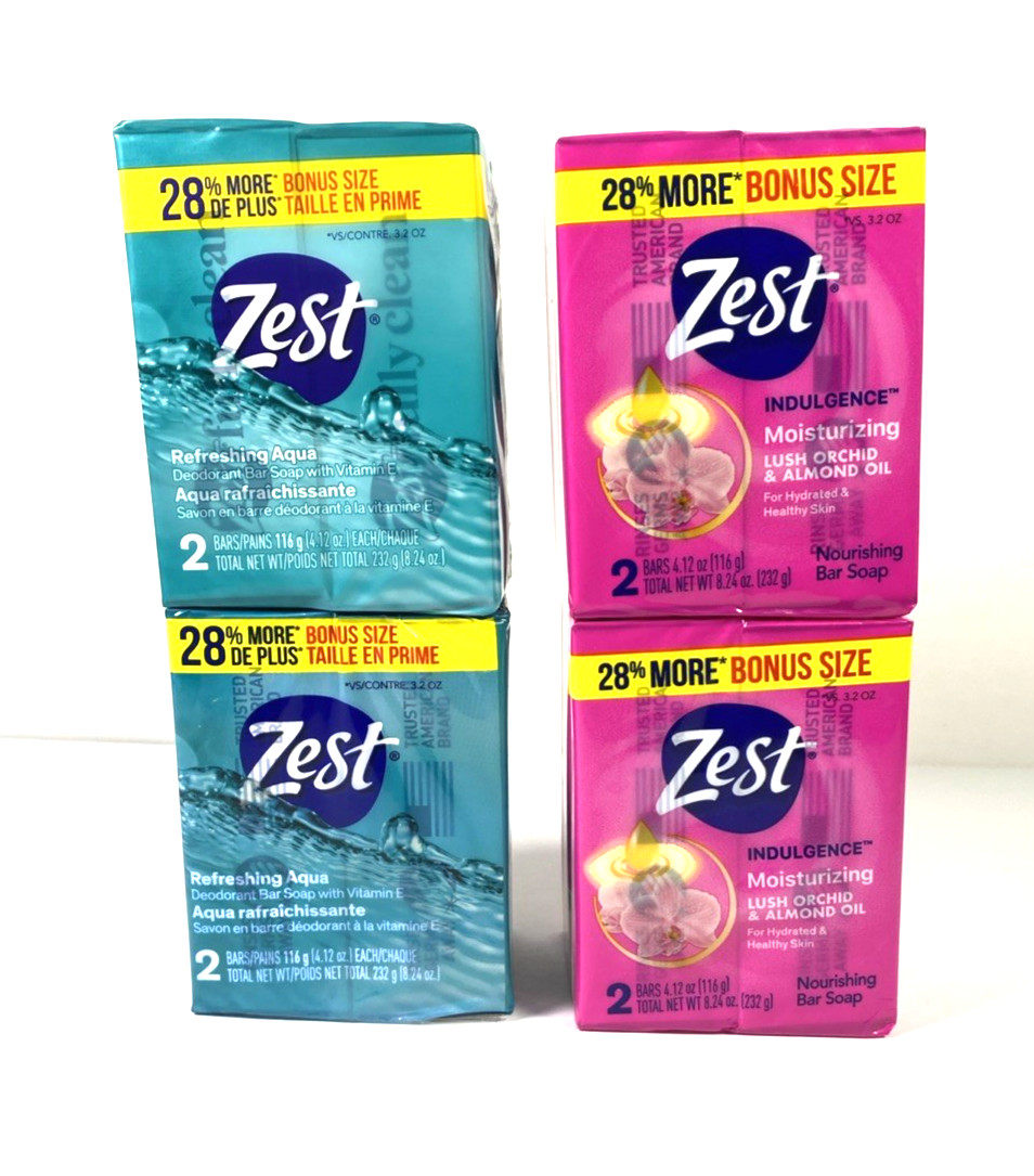 Zest Variety Moisturizing Bar Soap 4.1oz Bulk Lot 4×2 Pack (8 Bars Total) NEW