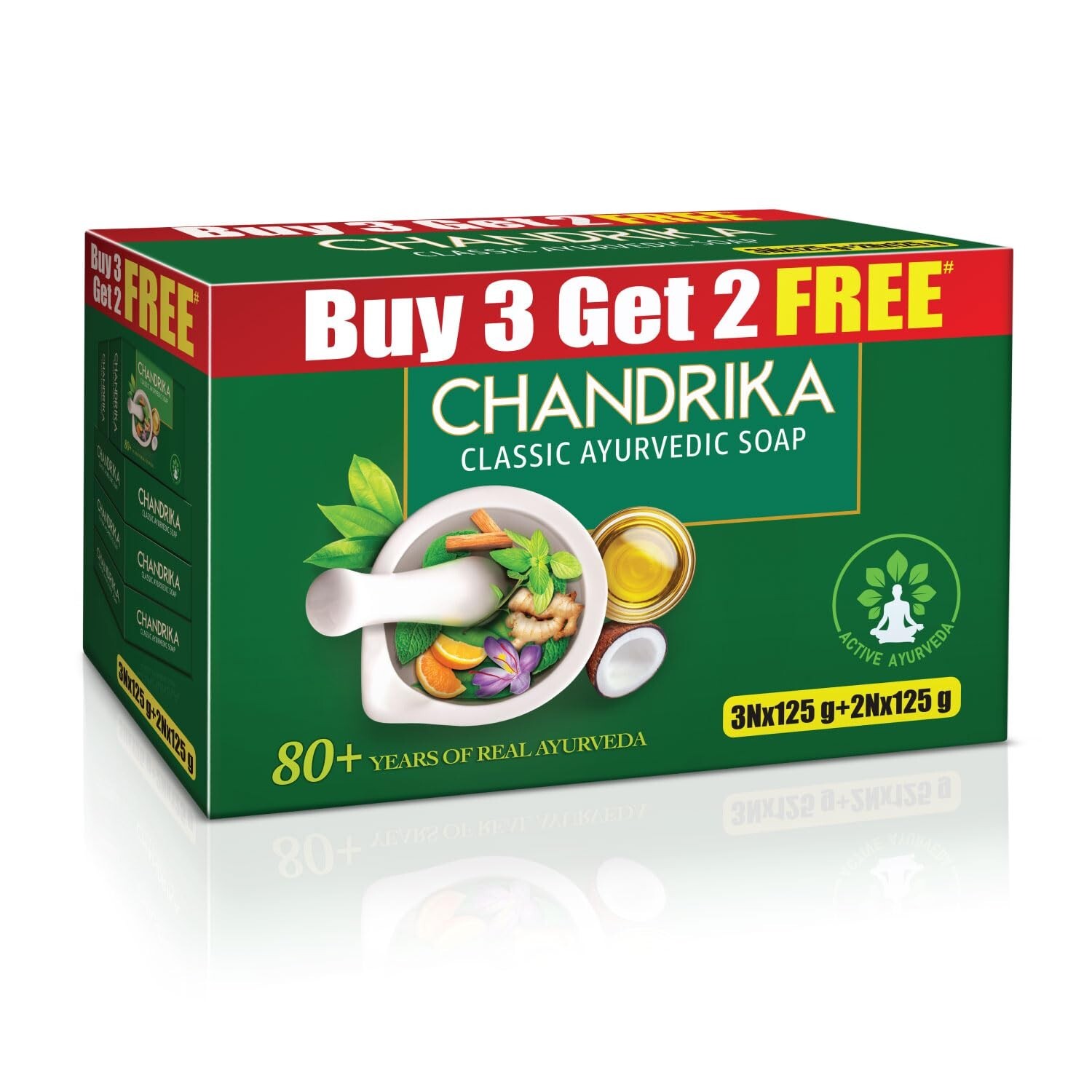 Chandrika Ayurvedic Handmade Soap, 125 grams (Pack of 3) with 2 Free 125 grams