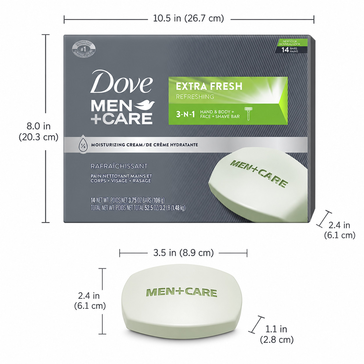 Dove Men+Care Extra Fresh Bar Soap 3-in-1 Body Face Shave 14 Bars