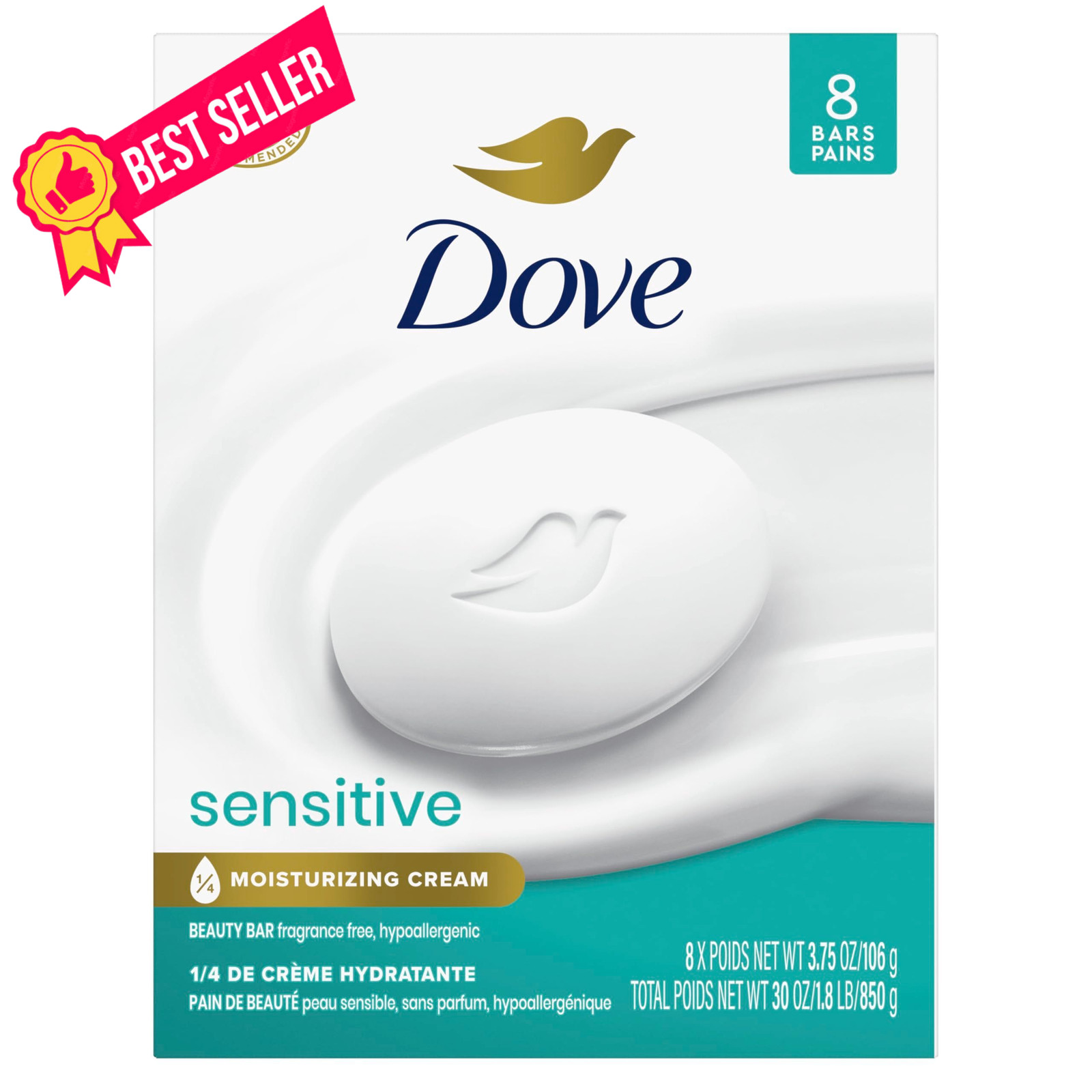 Dove Beauty Bar Soap Sensitive, 8 Bars for 3.75 Ounce (Pack of 8), White