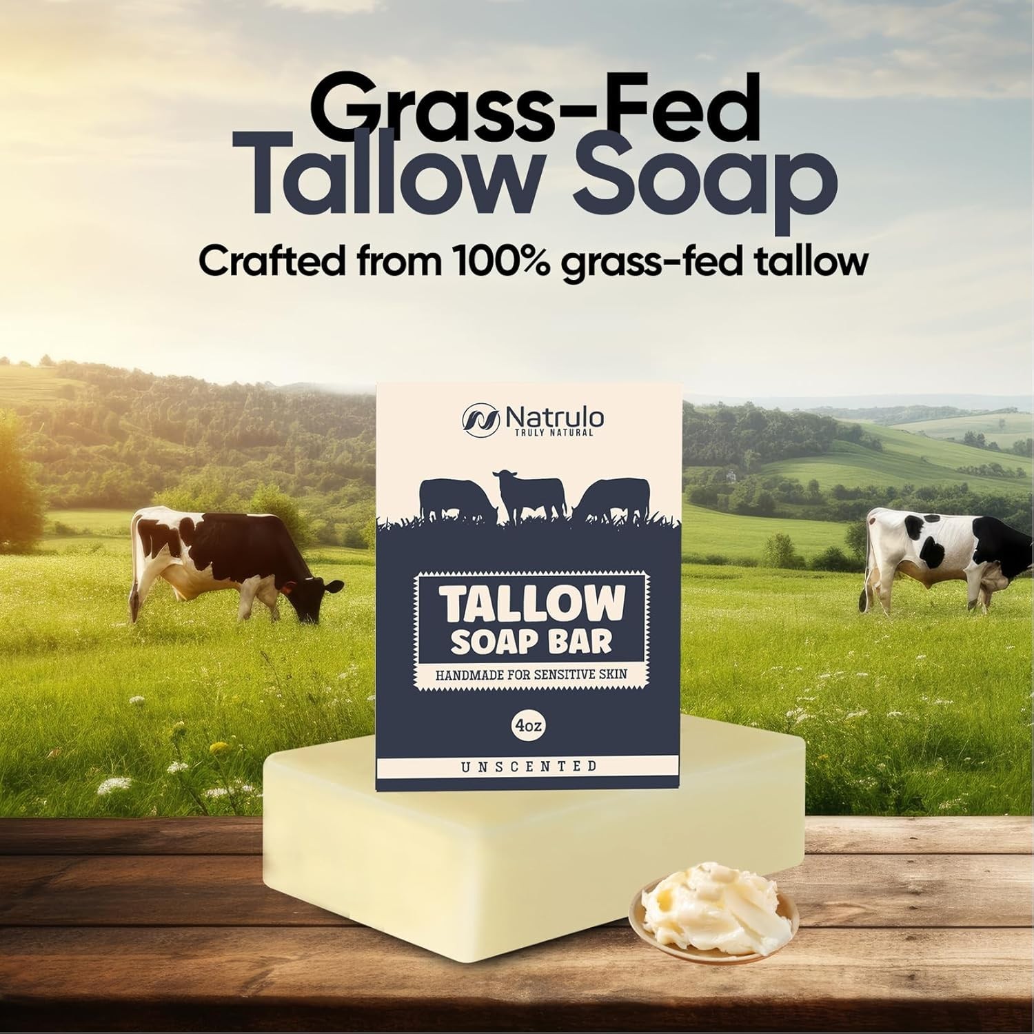 Natrulo Beef Tallow Soap Bar Grass Fed Unscented Face Body Wash 4oz Made USA