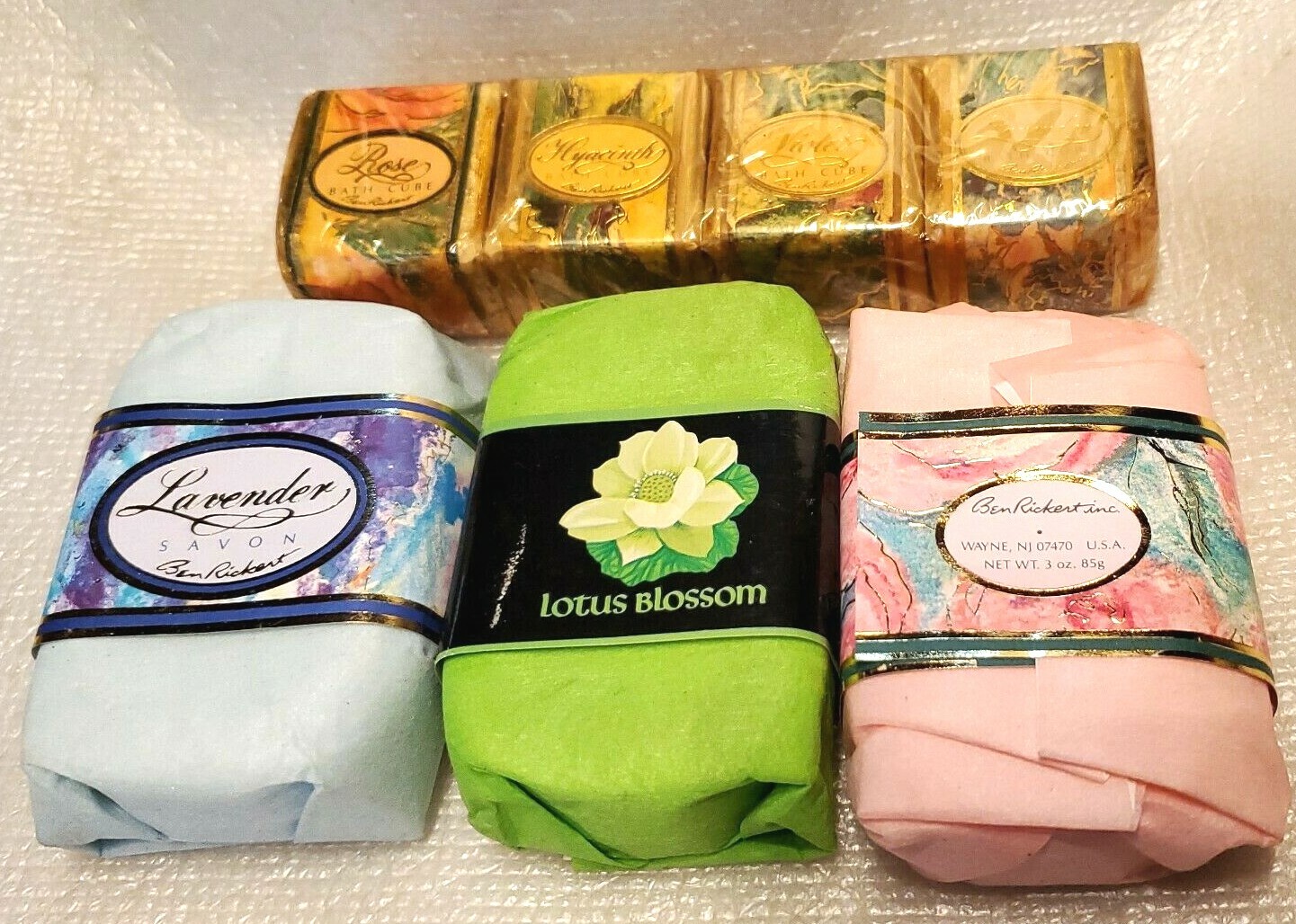 BEN RICKERT vintage 4 bath cubes & 3 bars of soap (lotus blossom, rose, lavender