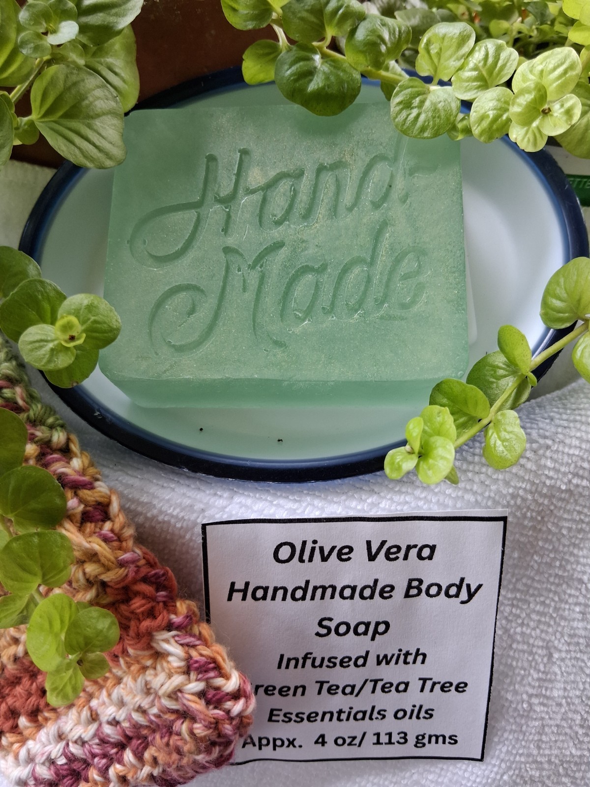 OLIVE OIL & ALOE VERA HANDMADE BODY SOAP W/ GREEN TEA & TEA TREE ESSENTIAL OILS