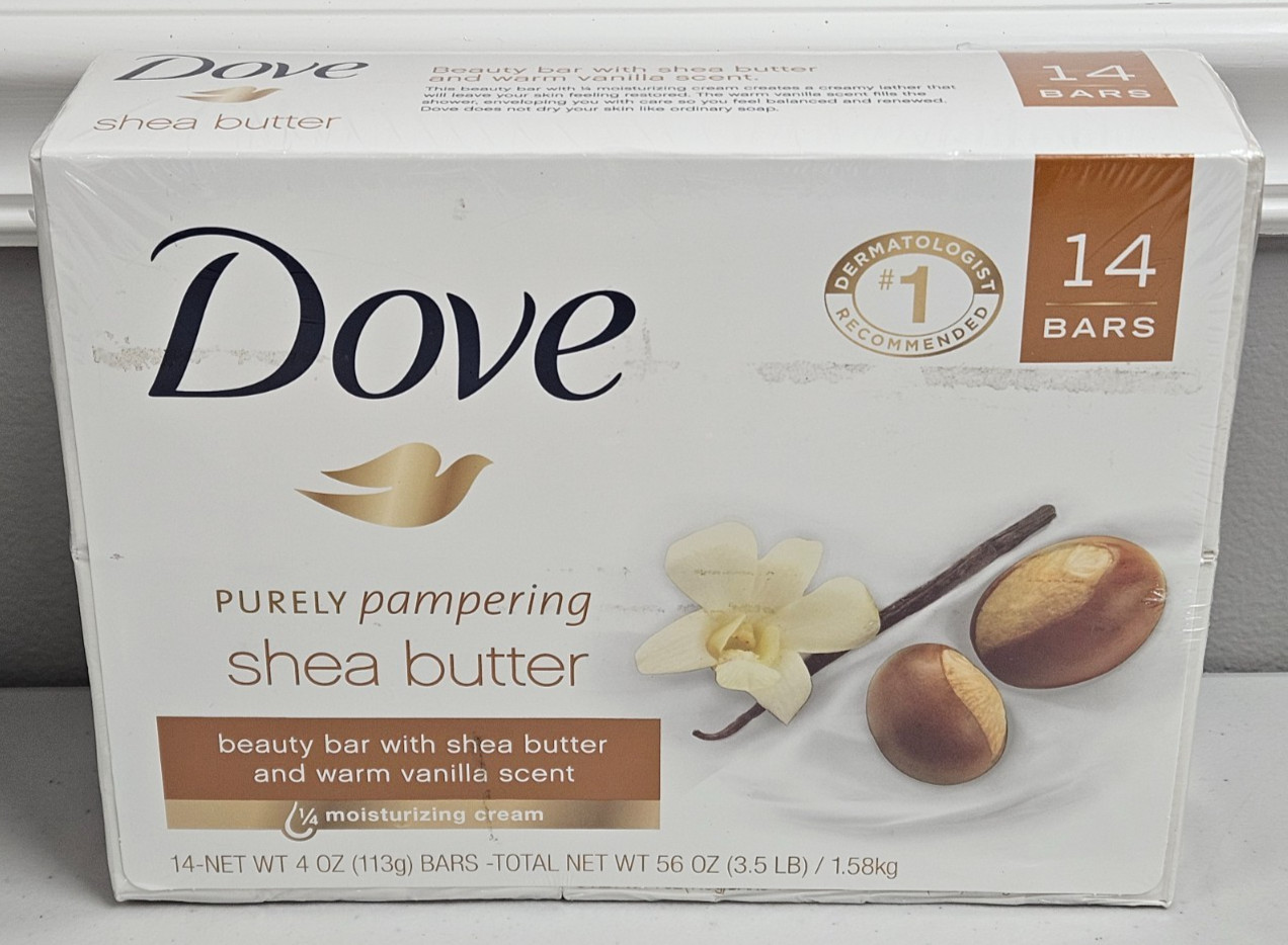 Dove Shea Butter & Warm Vanilla Beauty Soap Bar 1/4 Moisturizing Cream 14 x 4oz