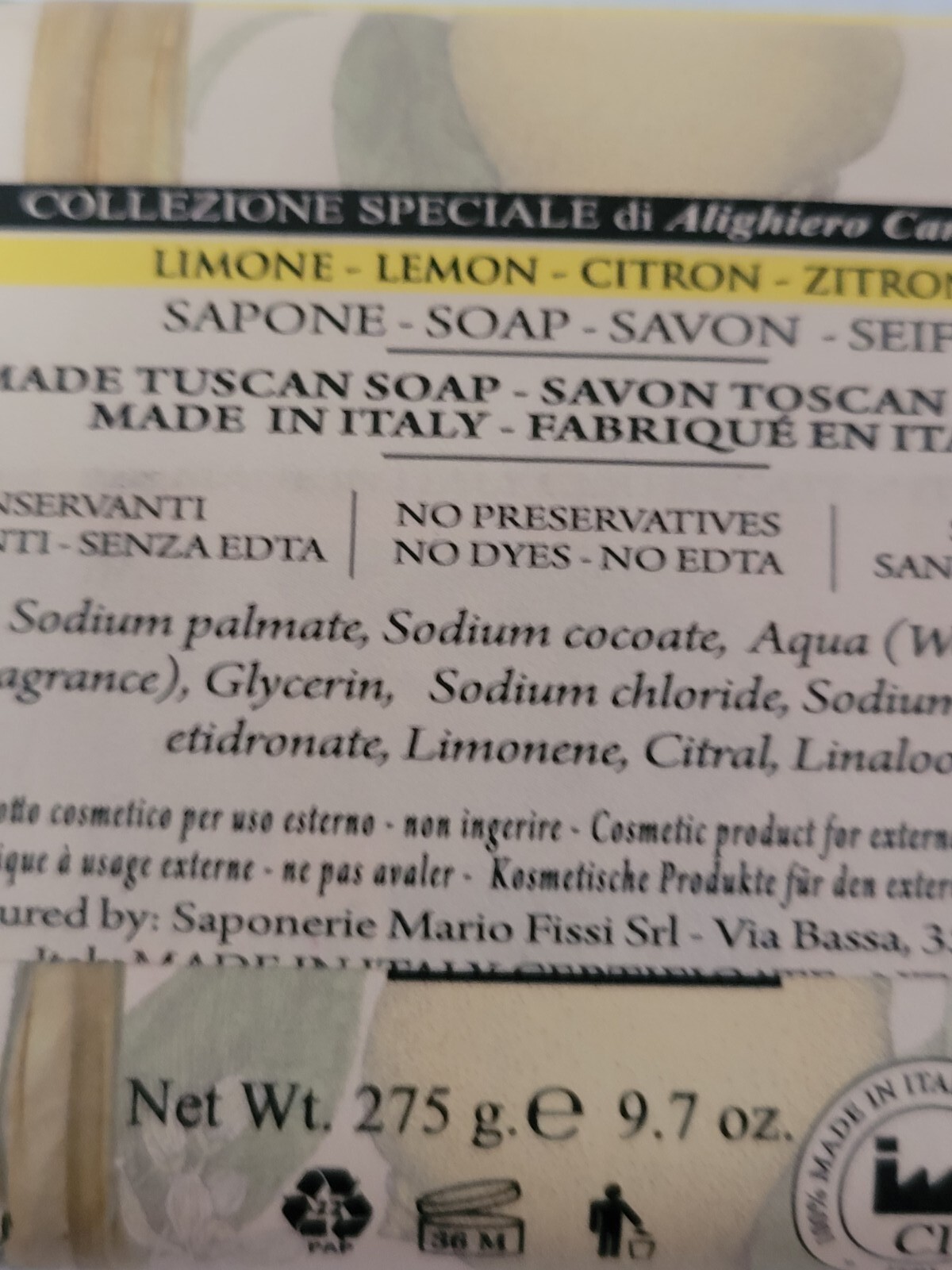 Lemon Luxury Soap Bar Sapone Hand Made Tuscan Preservative Free 9.7 oz