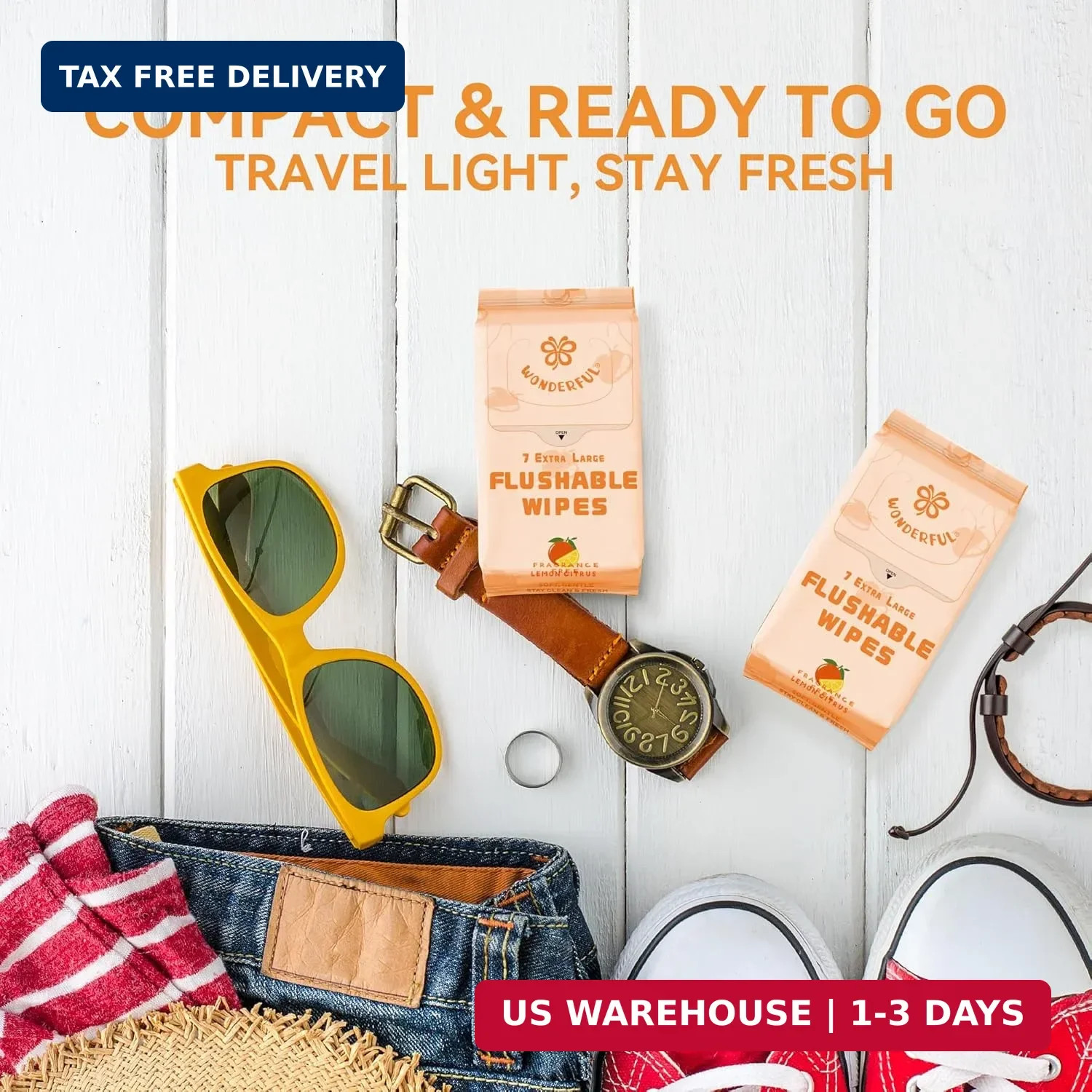 WONDERFUL Travel Flushable Wipes, 8 Mini Packs, Lemon Citrus Plant-Based Wet Wip