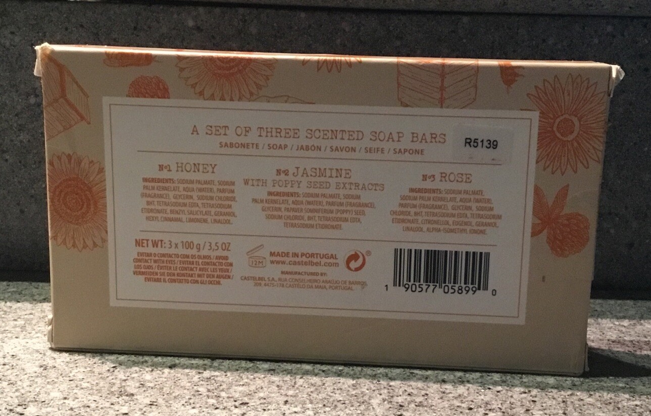 Castelbel Porto Soap-3 Bars- Honey, Jasmine w/ Poppy Seed Extract & Rose- New