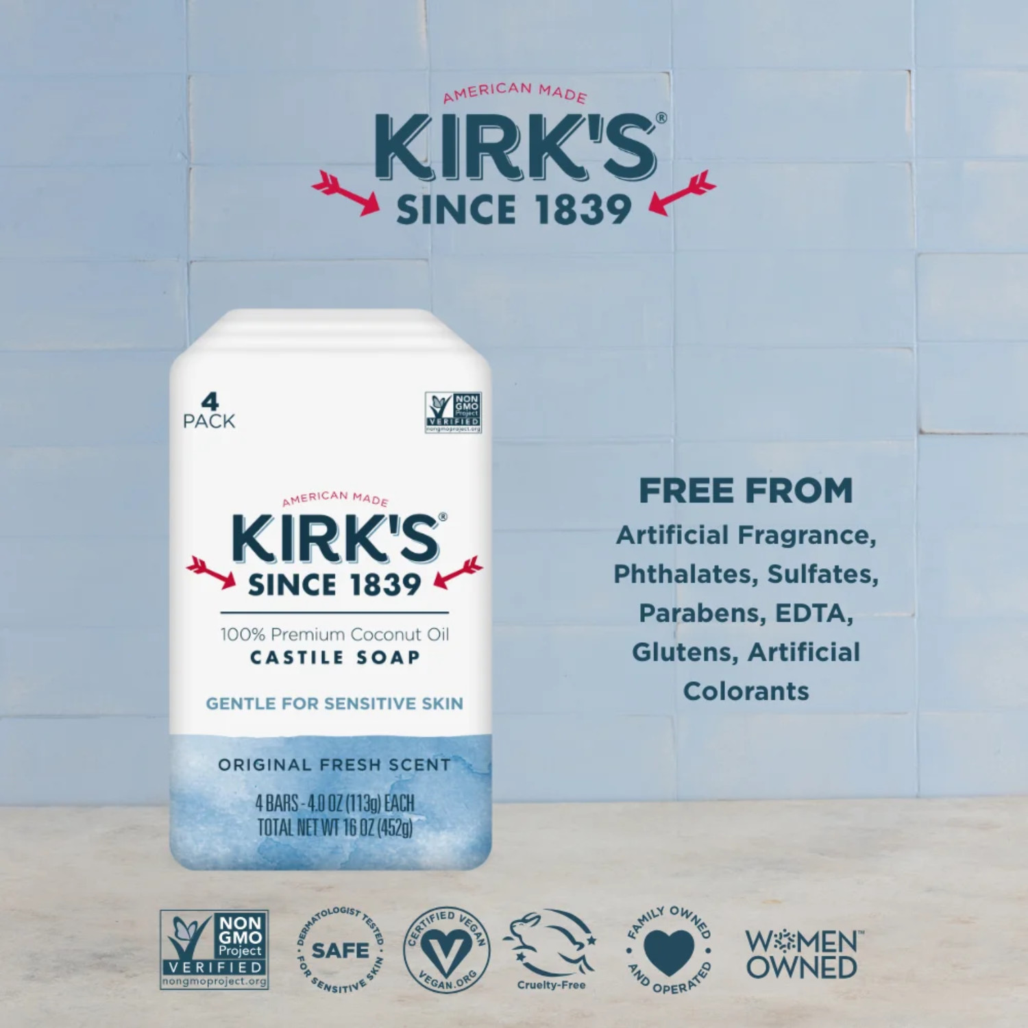 (16 Pack) Kirk’s Original Fresh Scent Gentle Castile Soap Simple, Gentle, Clean