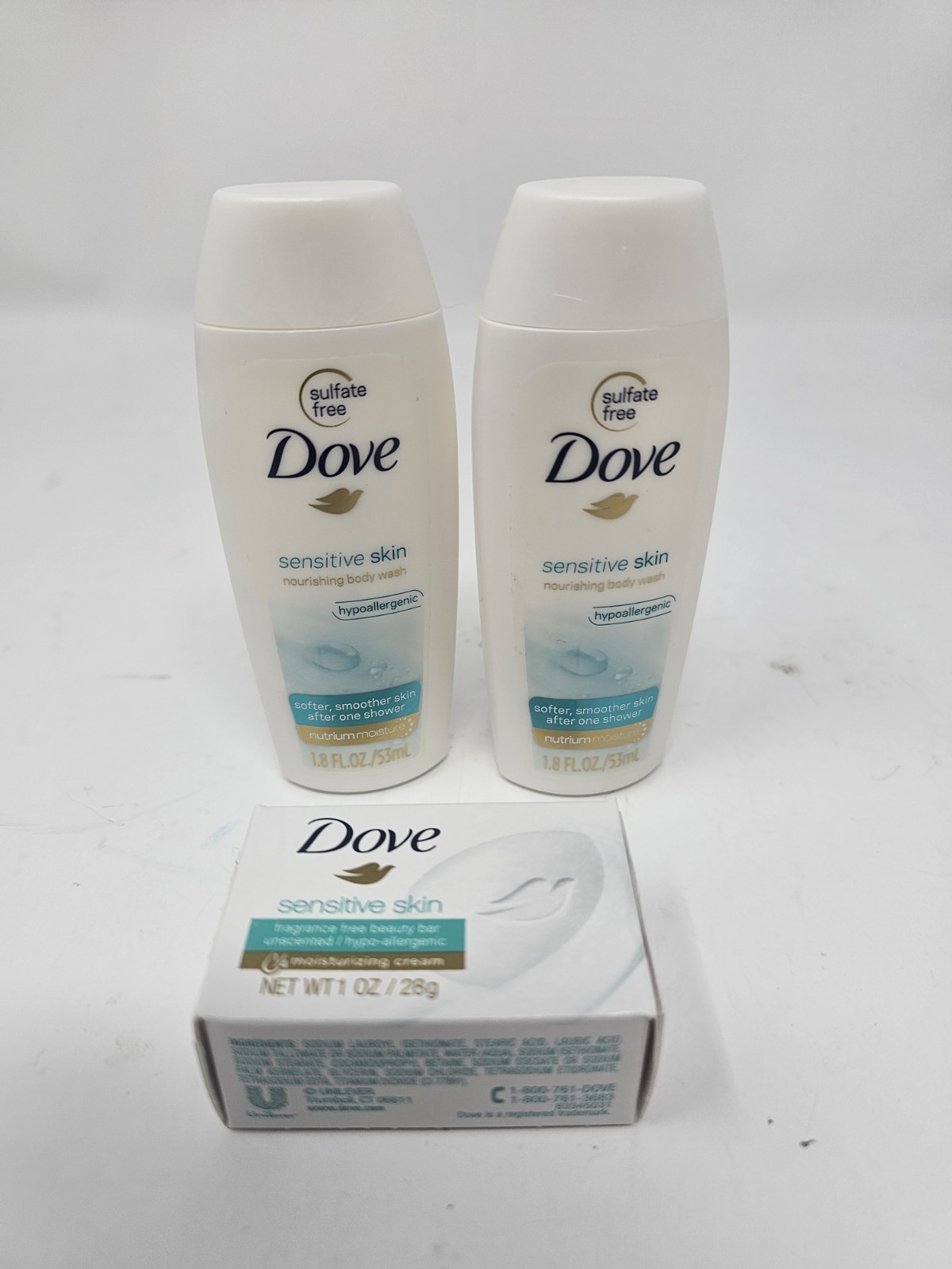 Dove Sensitive Skin 1 Oz Soap Bar + 1.8 Oz Body Wash Mini Travel Size Lot Of 3