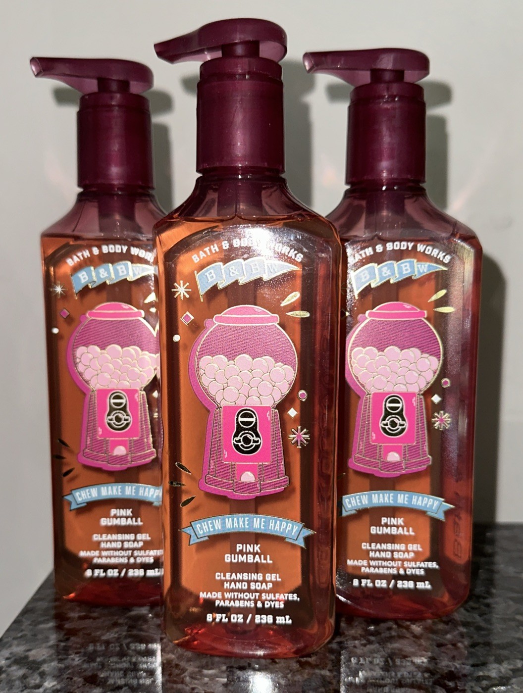 3 NEW BATH & BODY WORKS PINK GUMBALL BUBBLE GUM CLEANSING GEL HAND SOAP WASH 8OZ