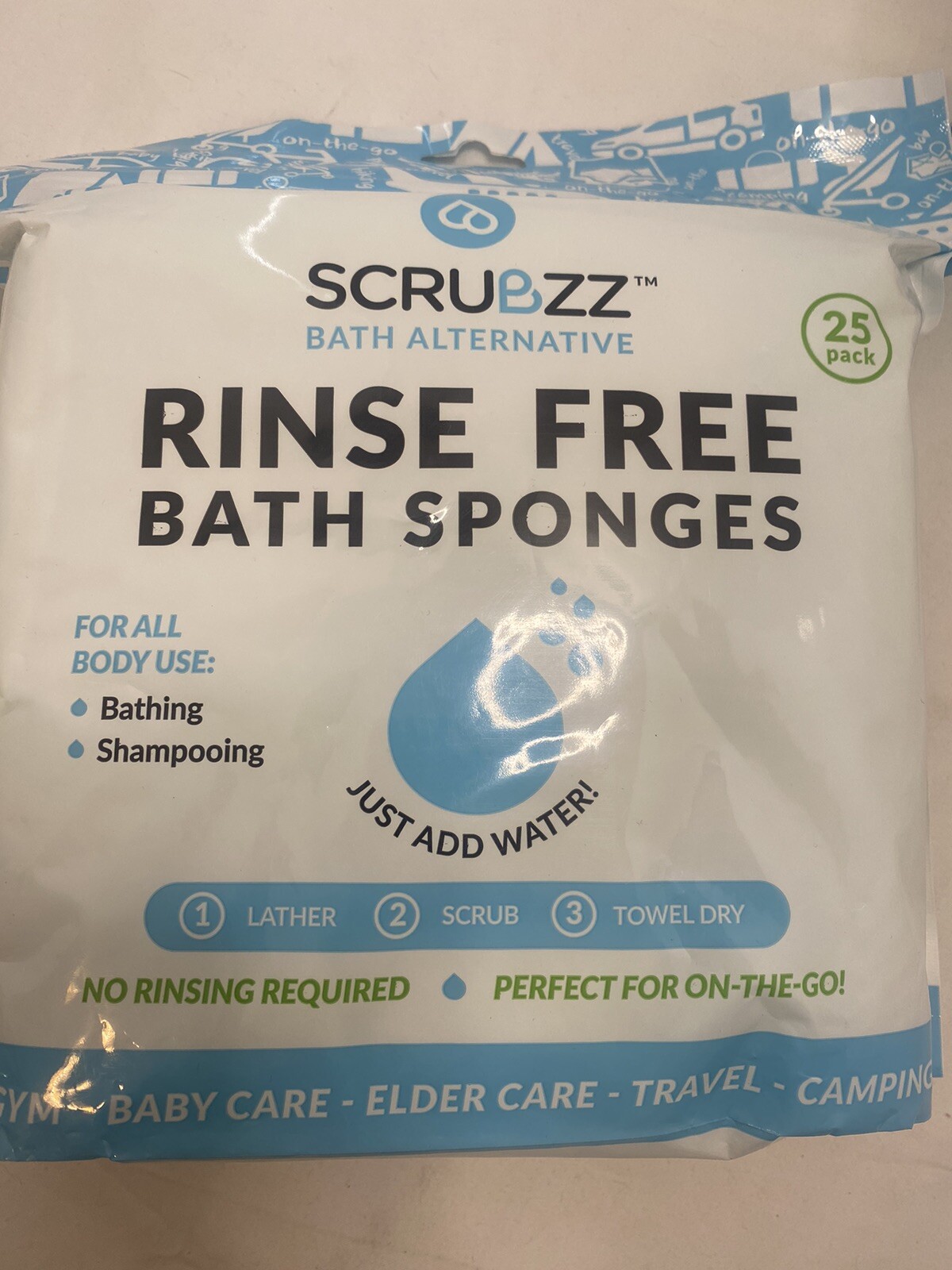 (2) Scrubzz Disposable No Rinse Bathing Sponges (25 Pk) Single Use Shower New