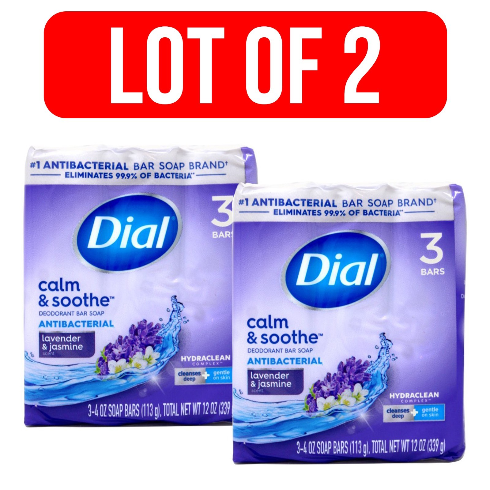 Lot of 2 Dial Calm & Soothe Antibacterial Bar Soap Lavender & Jasmine Scent NEW