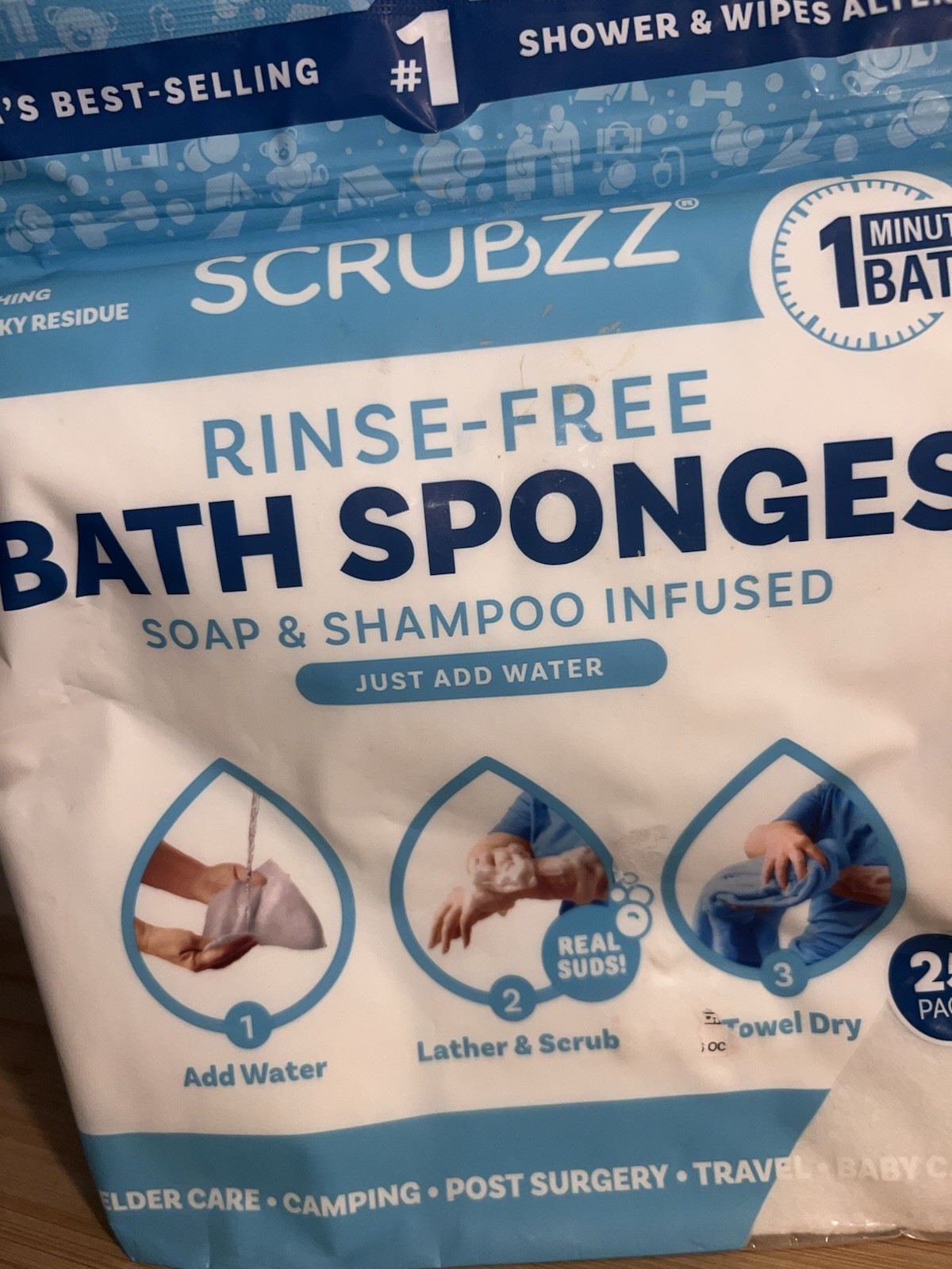 SCRUBZZ DISPOSABLE RINSE FREE TOTAL BODY BATH SPONGES 25 PACK – UNOPENED