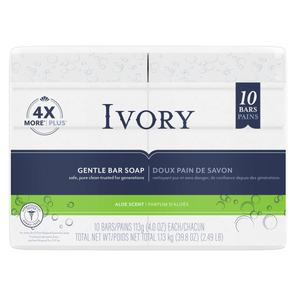 Ivory Gentle Bar Soap – Aloe Scent (10 Bars/Pack), 31.7oz