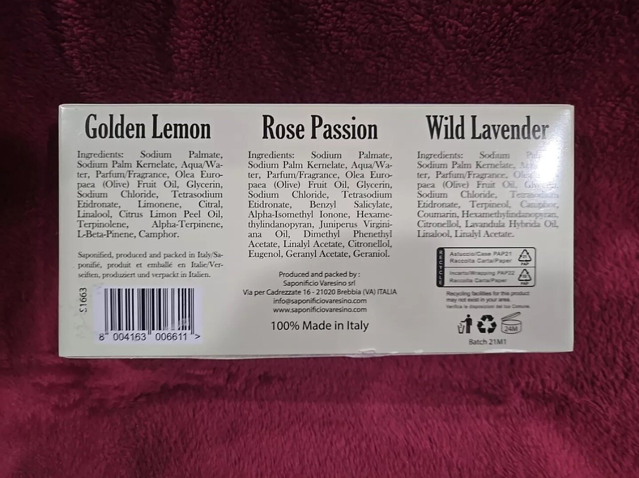 SAPONIFICIO VARESINO FLORAL COLLECTION,LAVENDER,ROSE,GOLDEN LEMON 5.25 EACH NIB