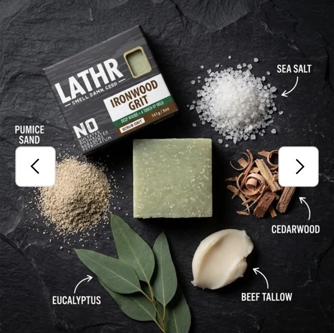 Lathr IRONWOOD GRIT Bar Soap 5oz Scrub Grit Deep Woods + A Touch Of Wild