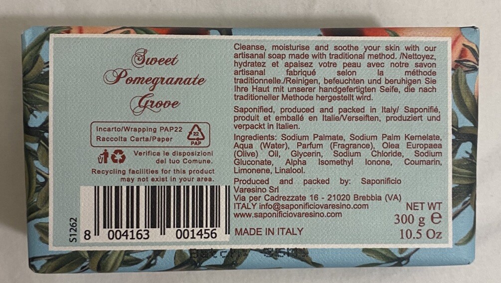Sapone Sweet Pomegranate Grove Triple Milled Soap Italy 10.5oz SEALED NEW