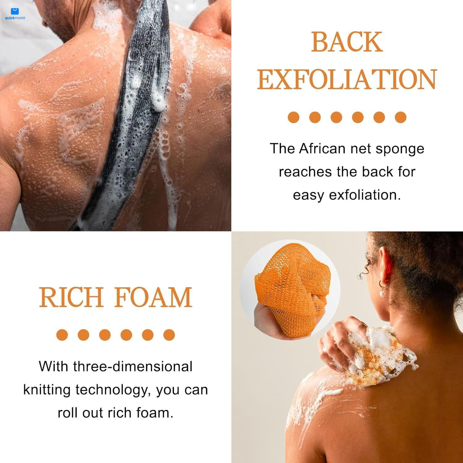 2 Pieces Authentic African Net Sponge, Long Nylon Exfoliating Black, Orange