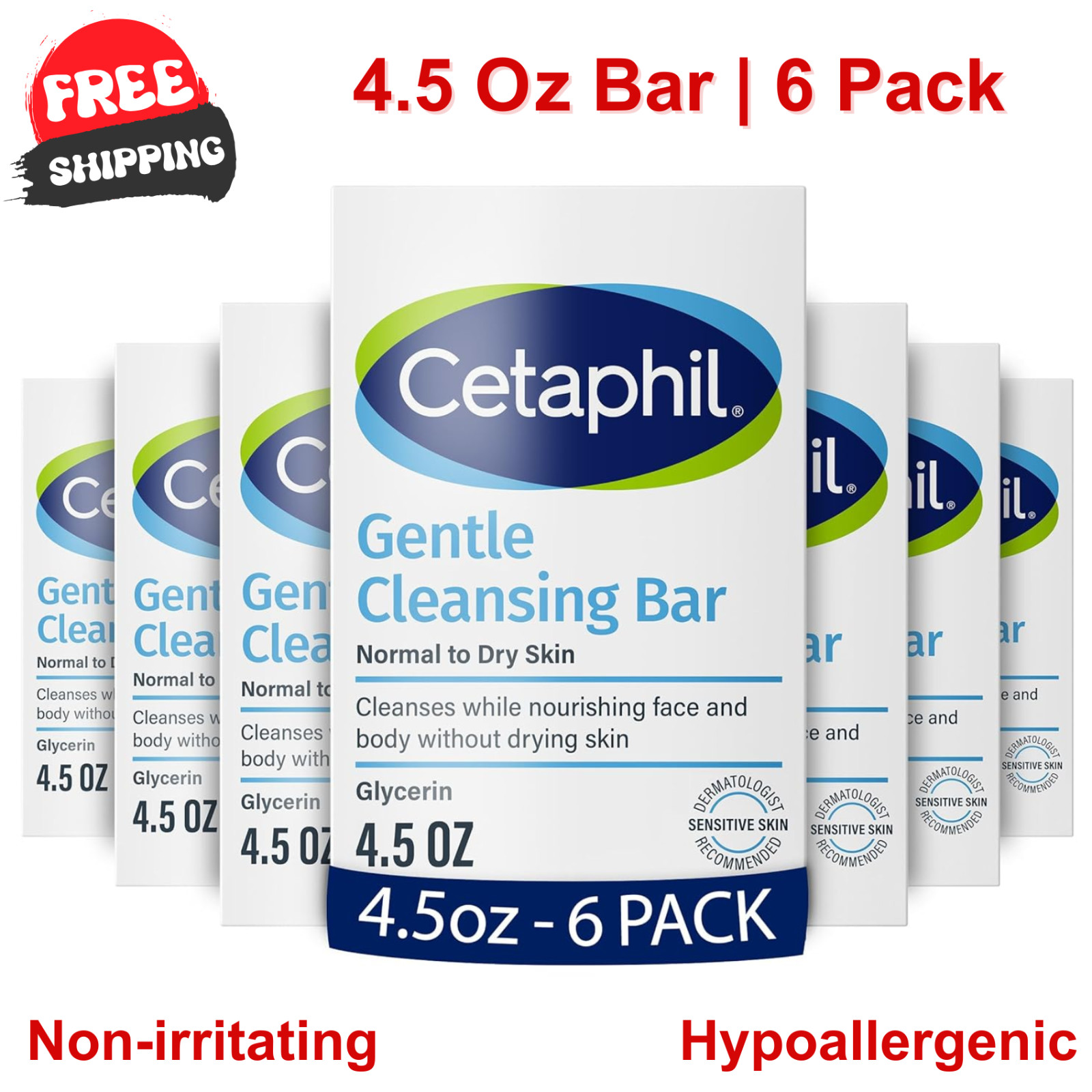 CETAPHIL Gentle Cleansing Bar Soap Nourishing Dry Sensitive Skin 4.5oz, 6-Pack