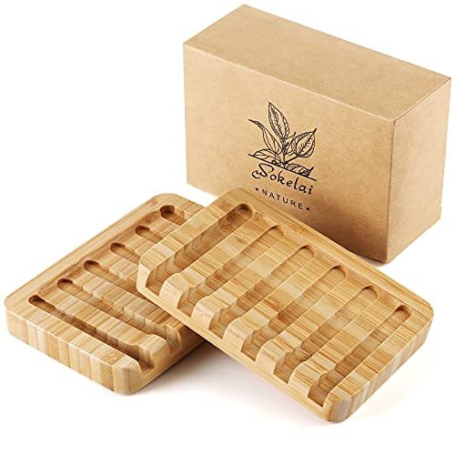 2 Pack Natural Bamboo Soap Dish Holder Self-Draining for Bathroom Kitchen Sink
