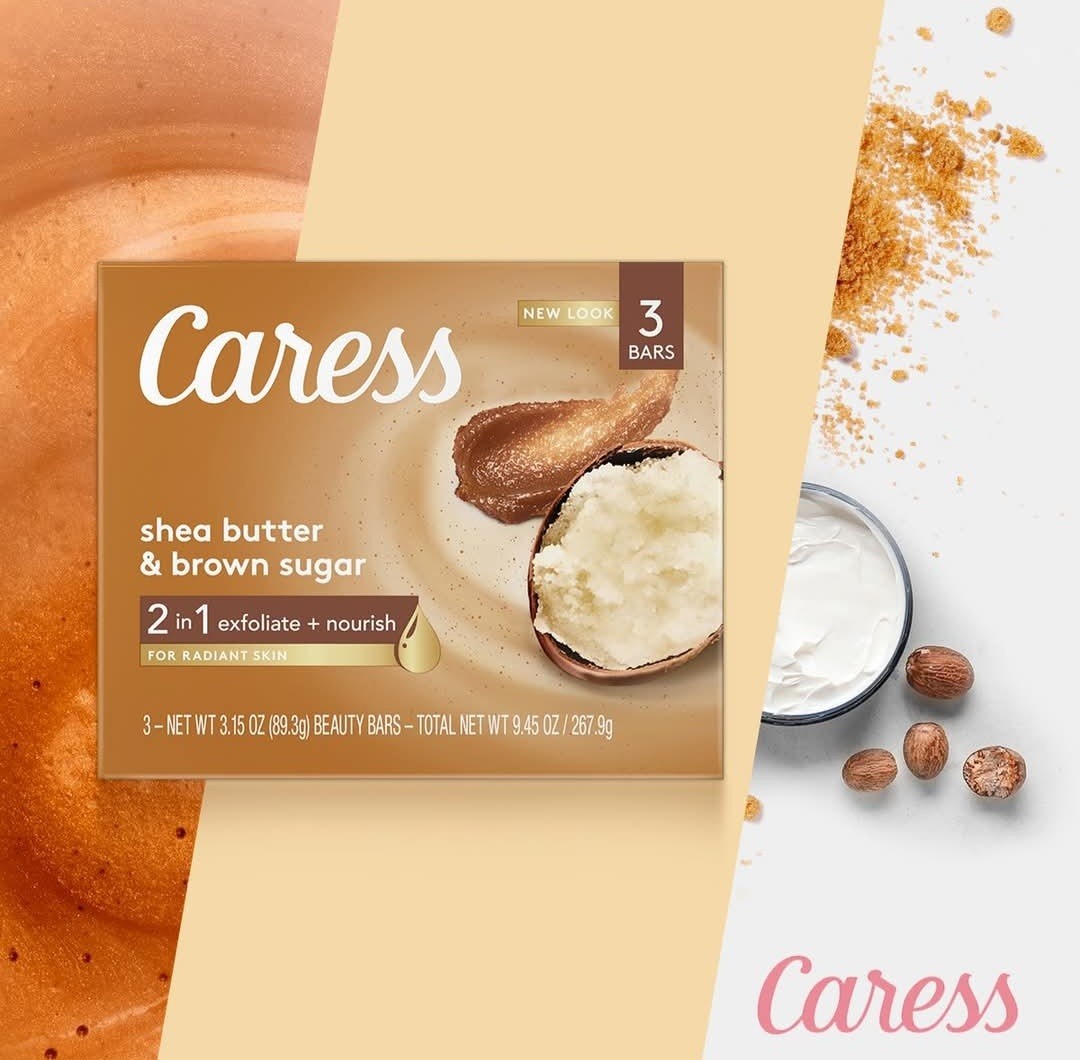 NEW! CARESS (2-BARS) 3.15 Oz. Bars ●SHEA BUTTER/BROWN SUGAR● Exfoliate +Nourish.
