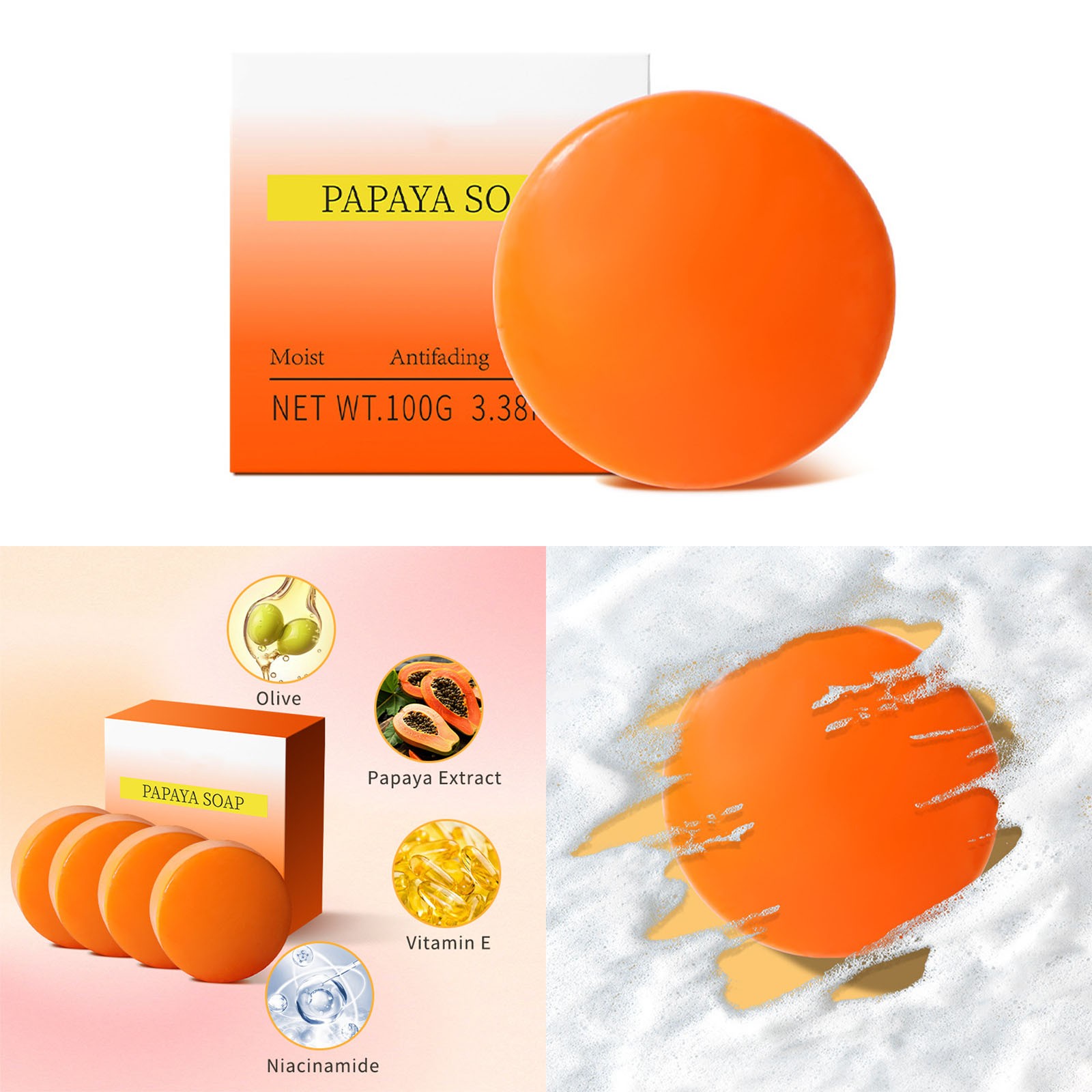 1Pcs Papaya Soap Oil Control Moisture Skin Handmade Soap for All Skin Types