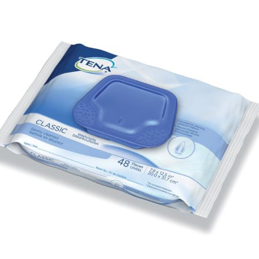 TENA Classic Washcloths Cloth-Like Aloe/Vitamin E Pre-Moistened Rinse Free 48