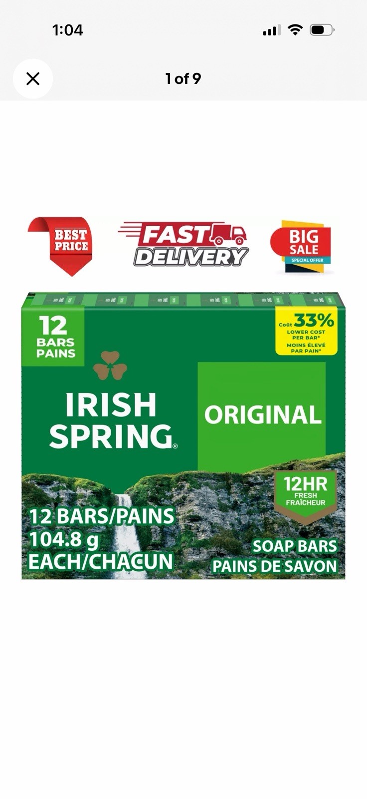 Irish Spring Original 12 HR Fresh Deodorant Soap Bar for Men, 3.7 oz