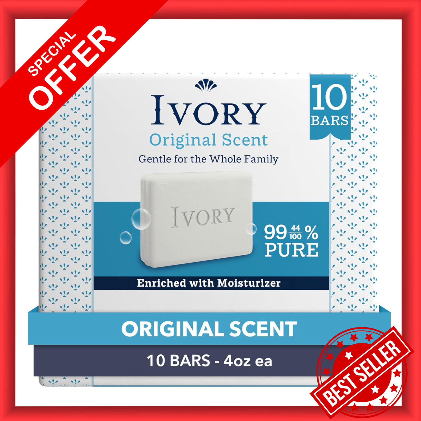 Ivory Gentle Bar Soap 10 Pack 3.17oz Original Scent 99.44% Pure Family Clean