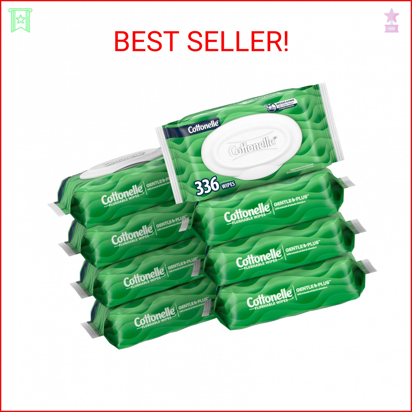 Cottonelle GentlePlus Flushable Wet Wipes with Aloe & Vitamin E, 8 Flip-Top Pack