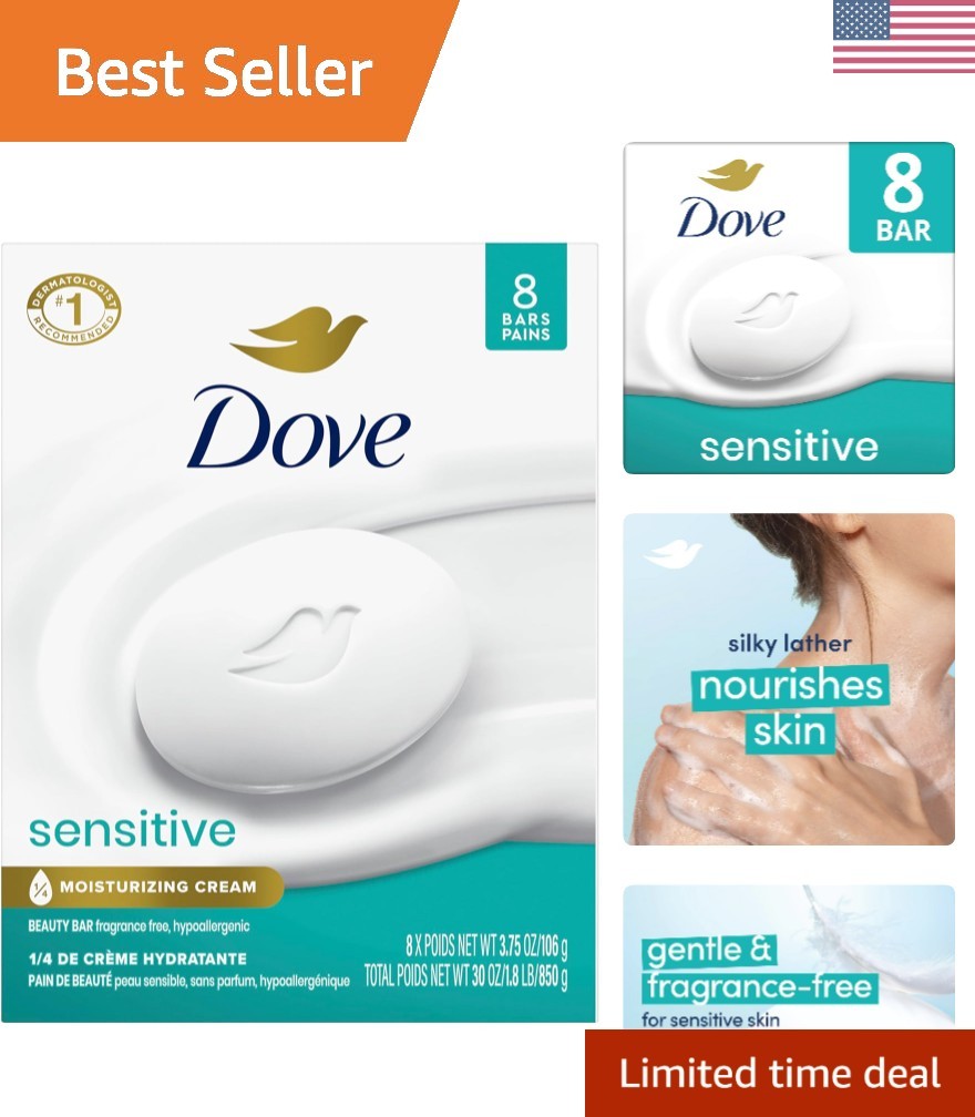 Beauty Bar Soap Sensitive, 8 Bars for Sensitive Skin, Fragrance Free and Hypo…