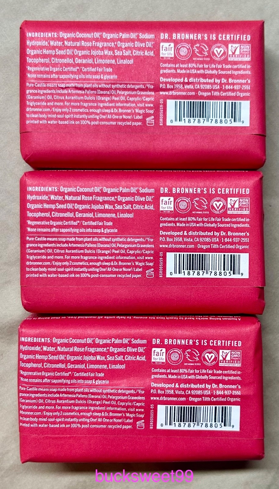 Dr. Bronner’s All-One Pure-Castile Magic Bar Soap ROSE – 5 oz each – 3 BARS