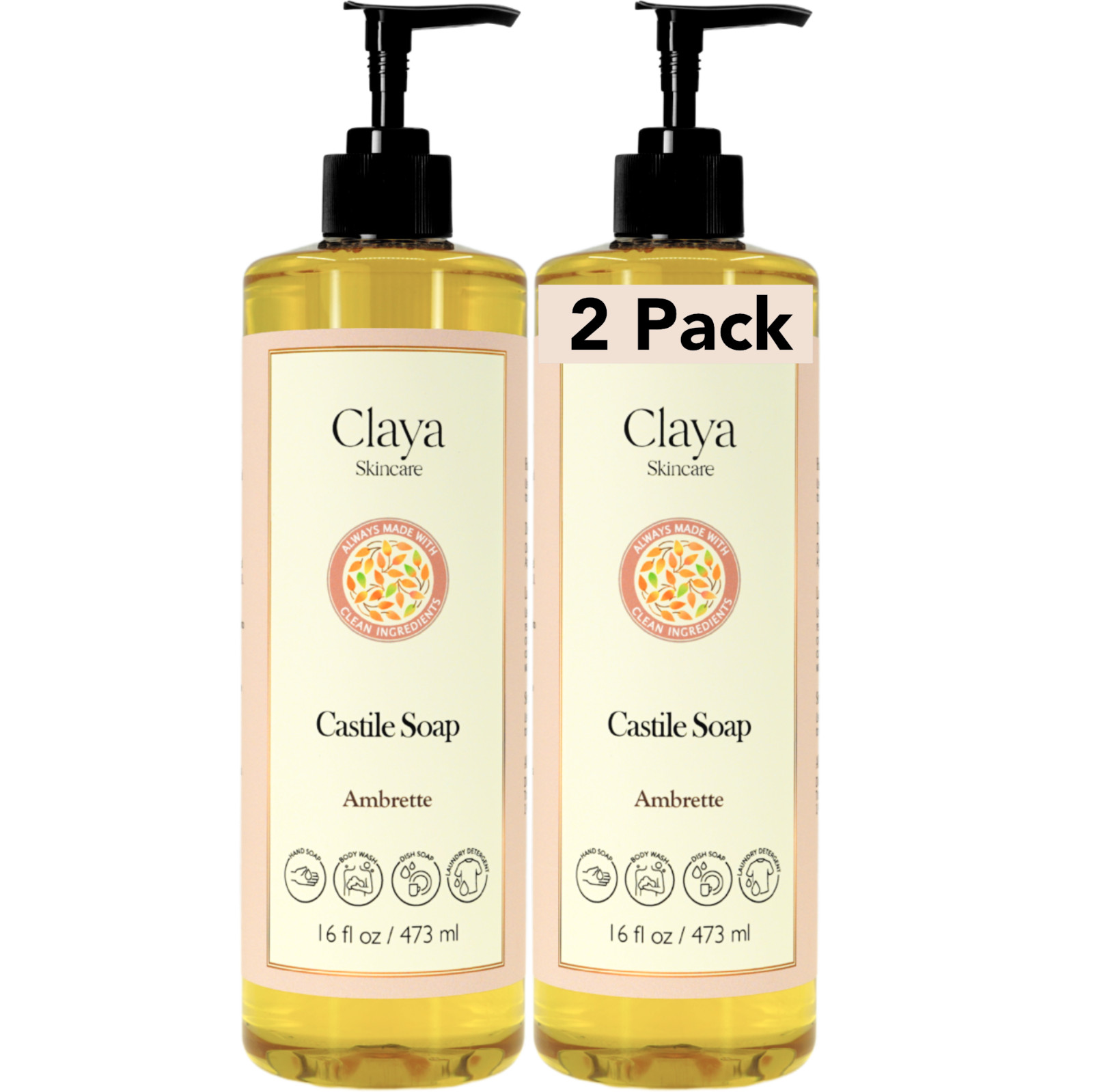 Ambrette Liquid Castile Soap (2 pack ) – Organic Ingredients, Gentle for skin