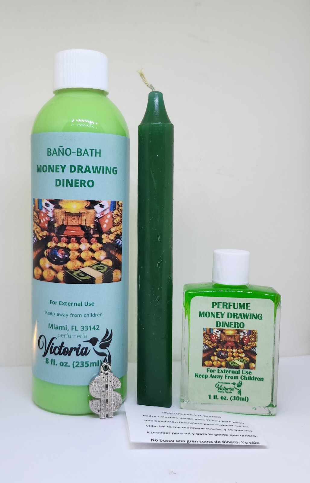 ATRAE DINERO BAÑO DESPOJO VELA PERFUME ORACION Y AMULETO INSTRUCCIONES INCLUIDAS