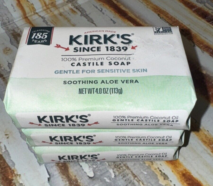 3 BARS 100% Premium Coconut Oil, Gentle Castile Soap, Soothing Aloe Vera 4 oz