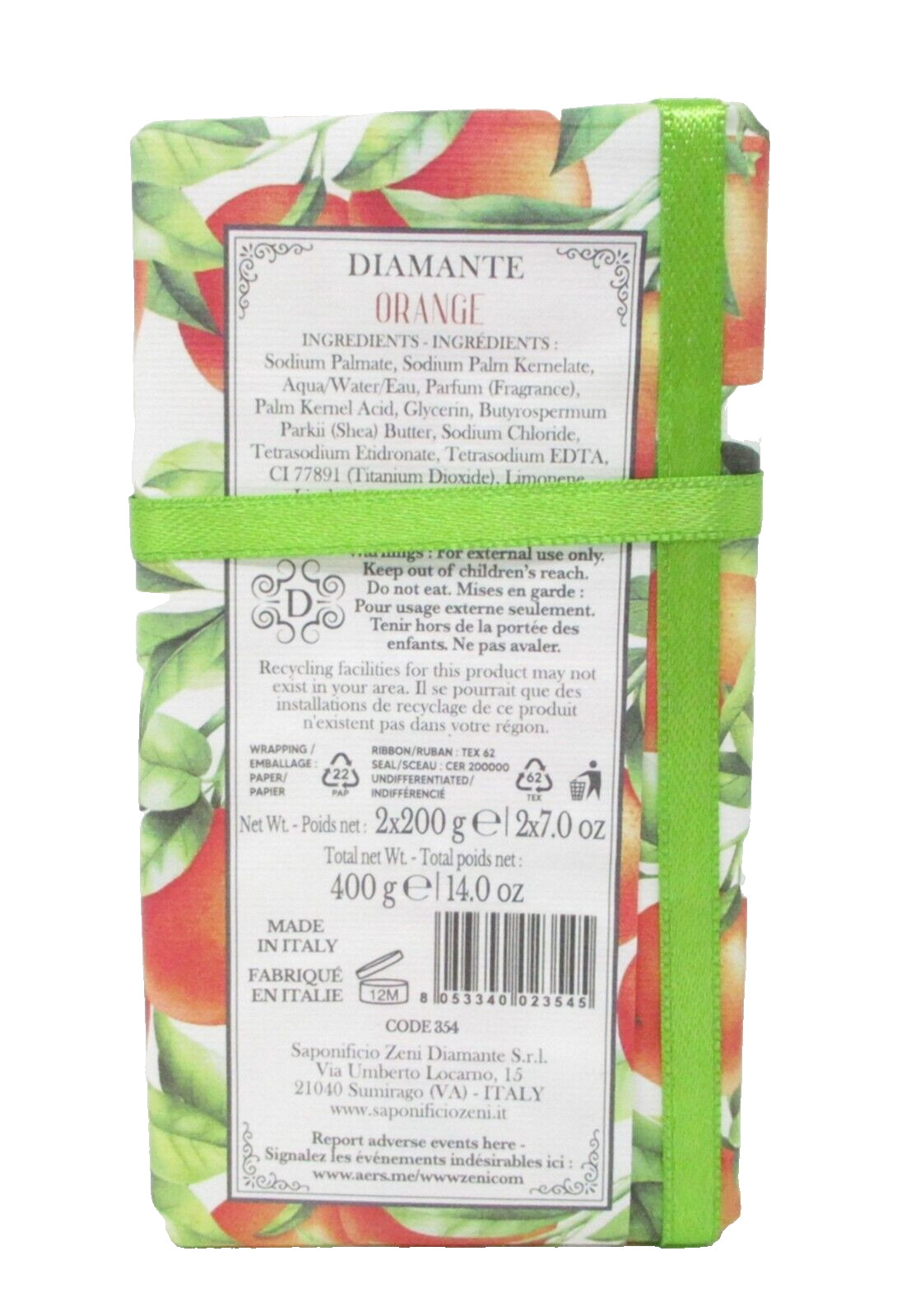 Diamante Italian Luxury Bath Bar Soap 2-Pack Orange scent 7oz each (14oz total)