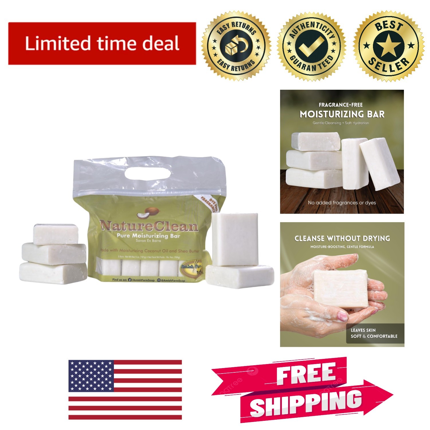 Gentle Bar Soap – 5 oz (5-Pack) for Sensitive Skin, Fragrance Free