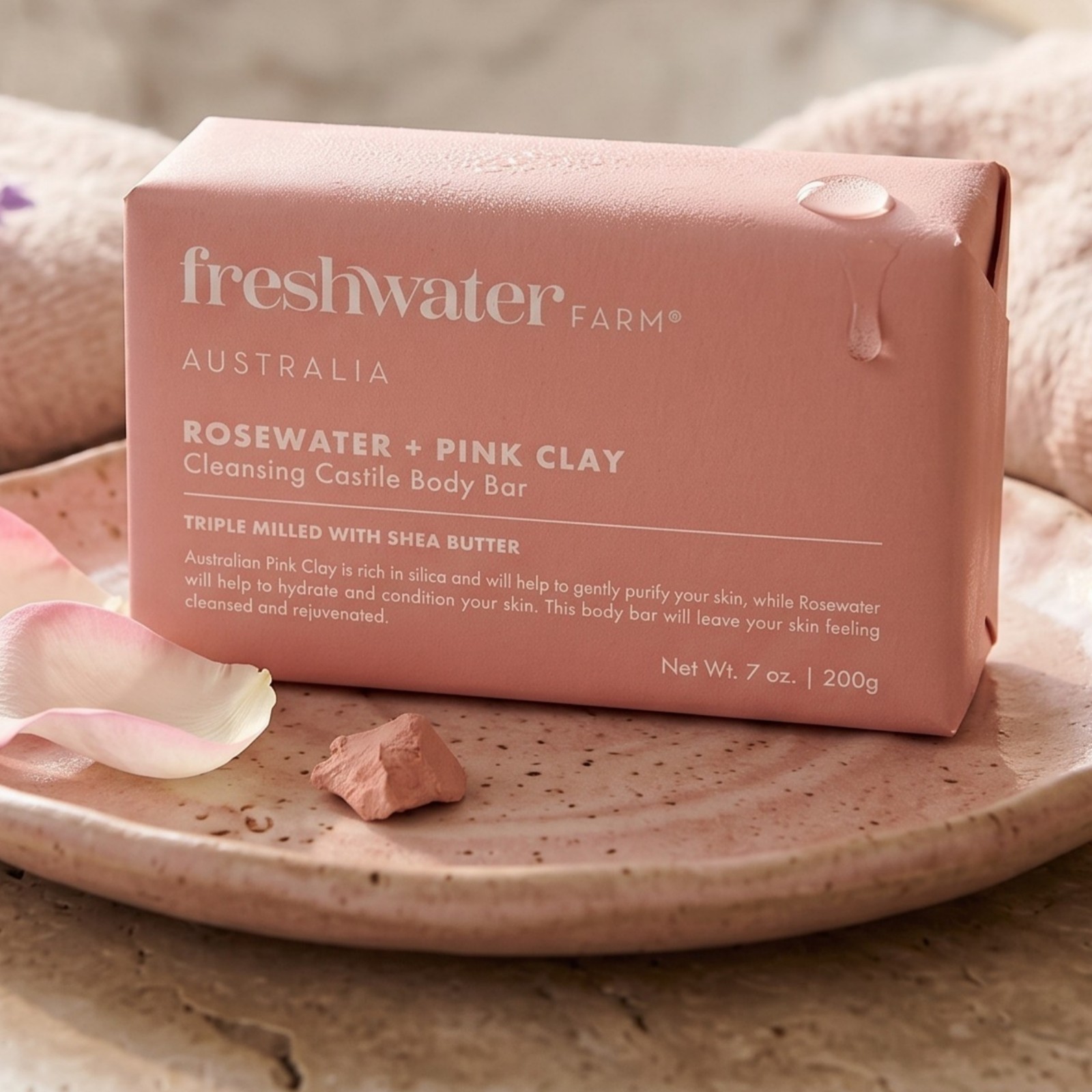 Freshwater Farm Rosewater & Pink Clay Castile Soap Body Bar, 7 oz